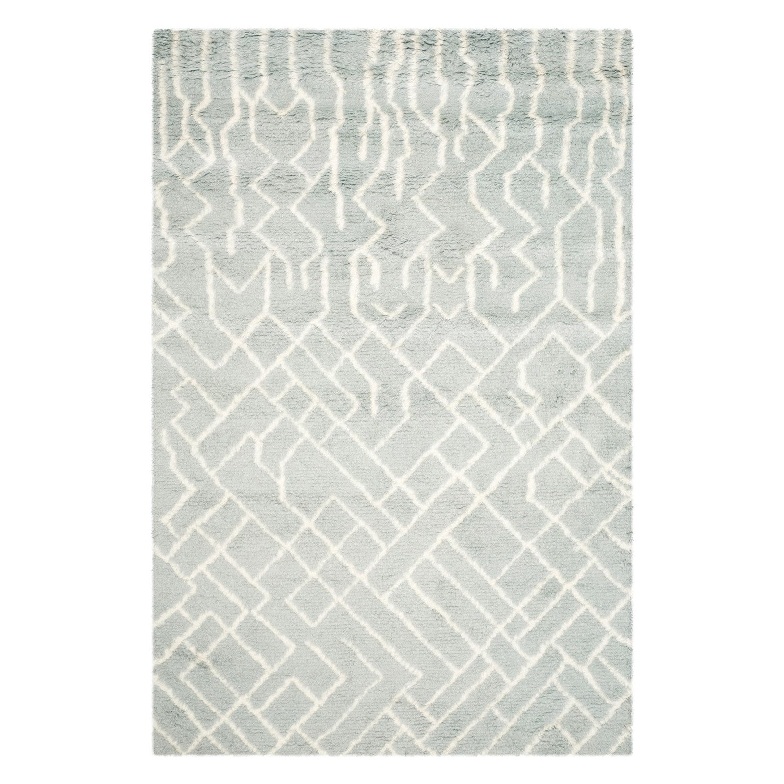 Blue Ivory Geometric Hand-Tufted Wool Shag Rug 6' x 9'