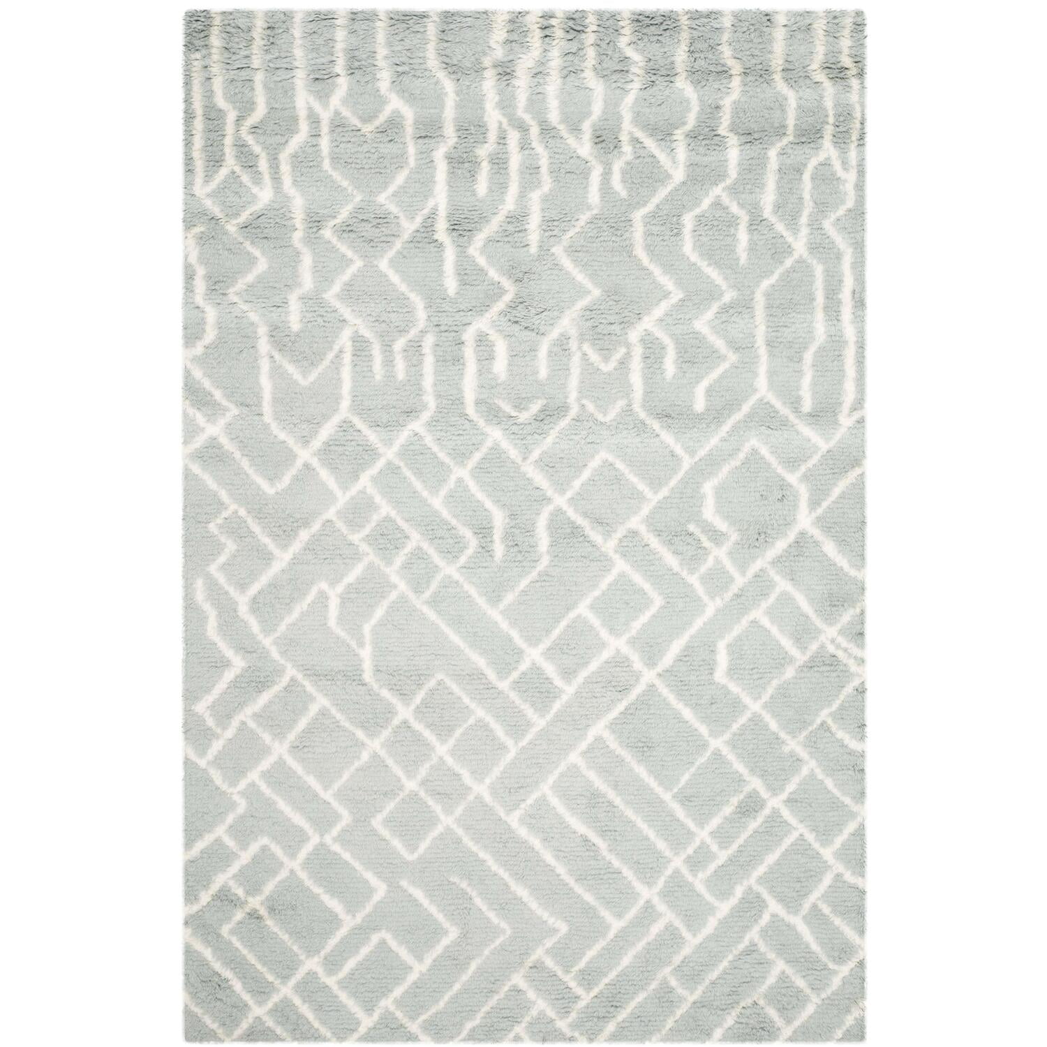 Blue Ivory Geometric Hand-Tufted Wool Shag Rug 6' x 9'