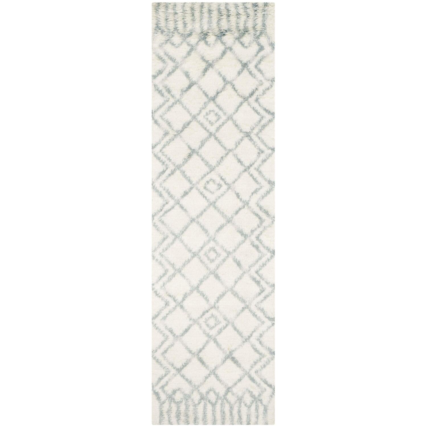 Ivory and Blue Hand-Tufted Wool Shag Runner Rug