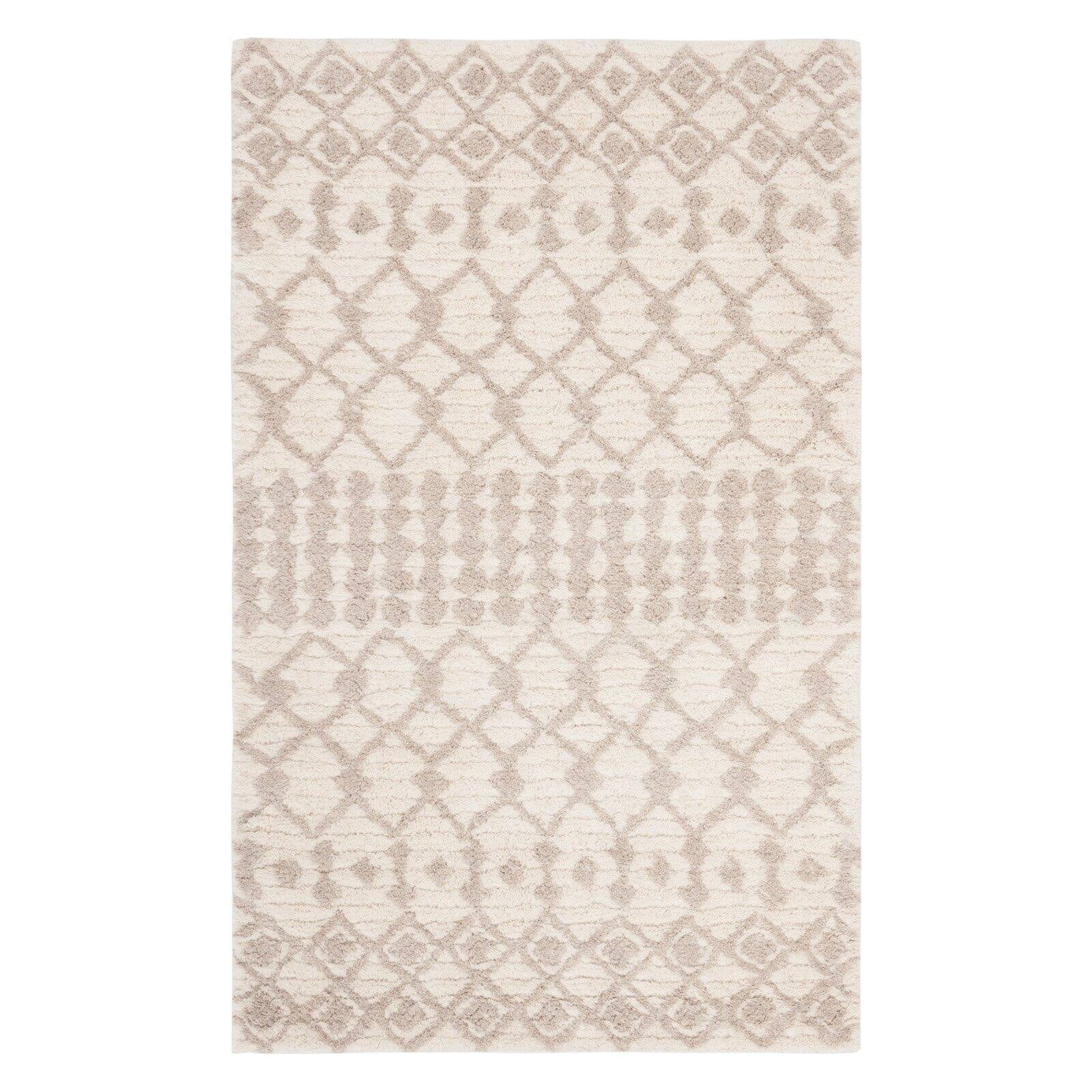 Ivory and Beige Geometric Wool Shag Area Rug 5'x8'