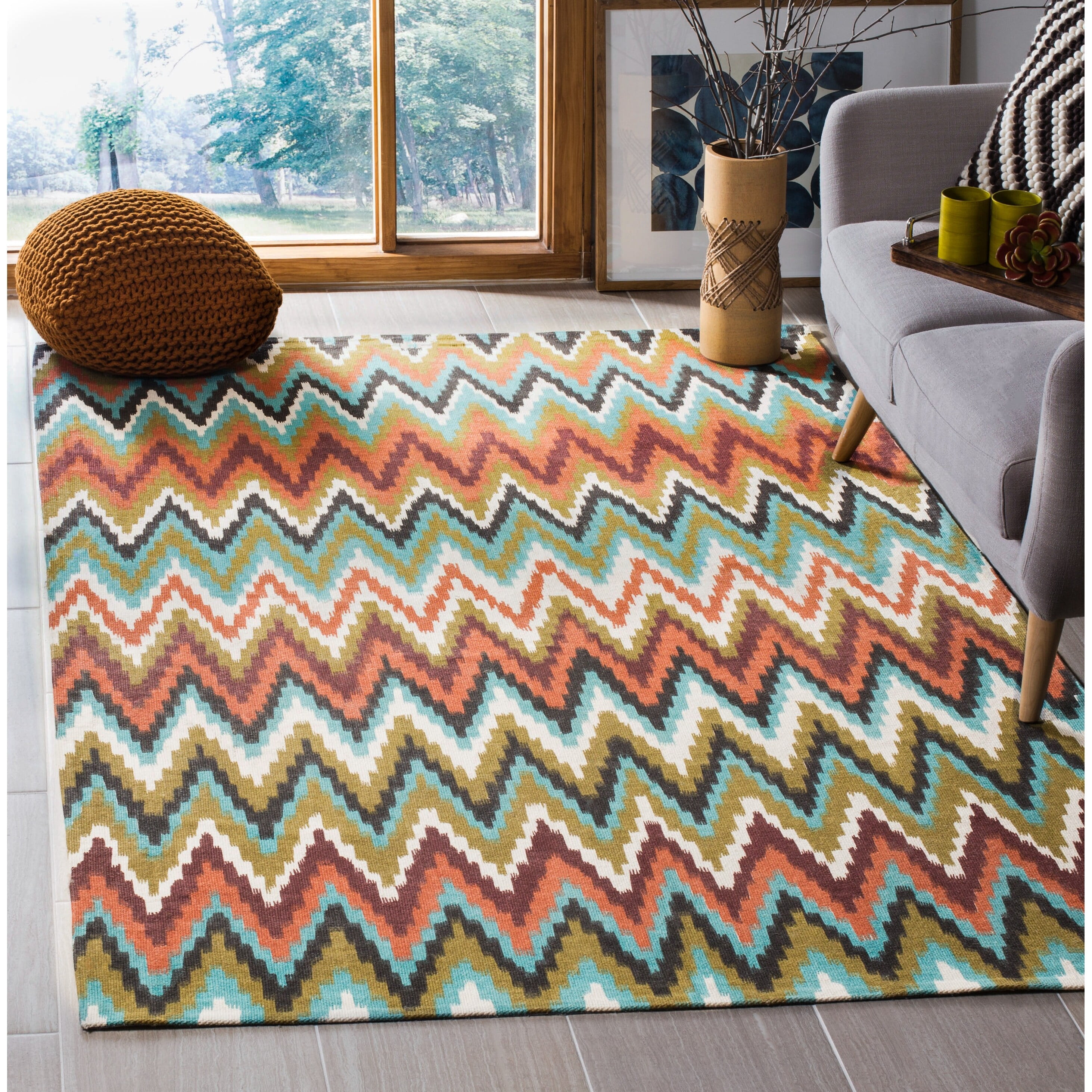 Teal and Red Geometric Cotton 4' x 6' Flat Woven Area Rug