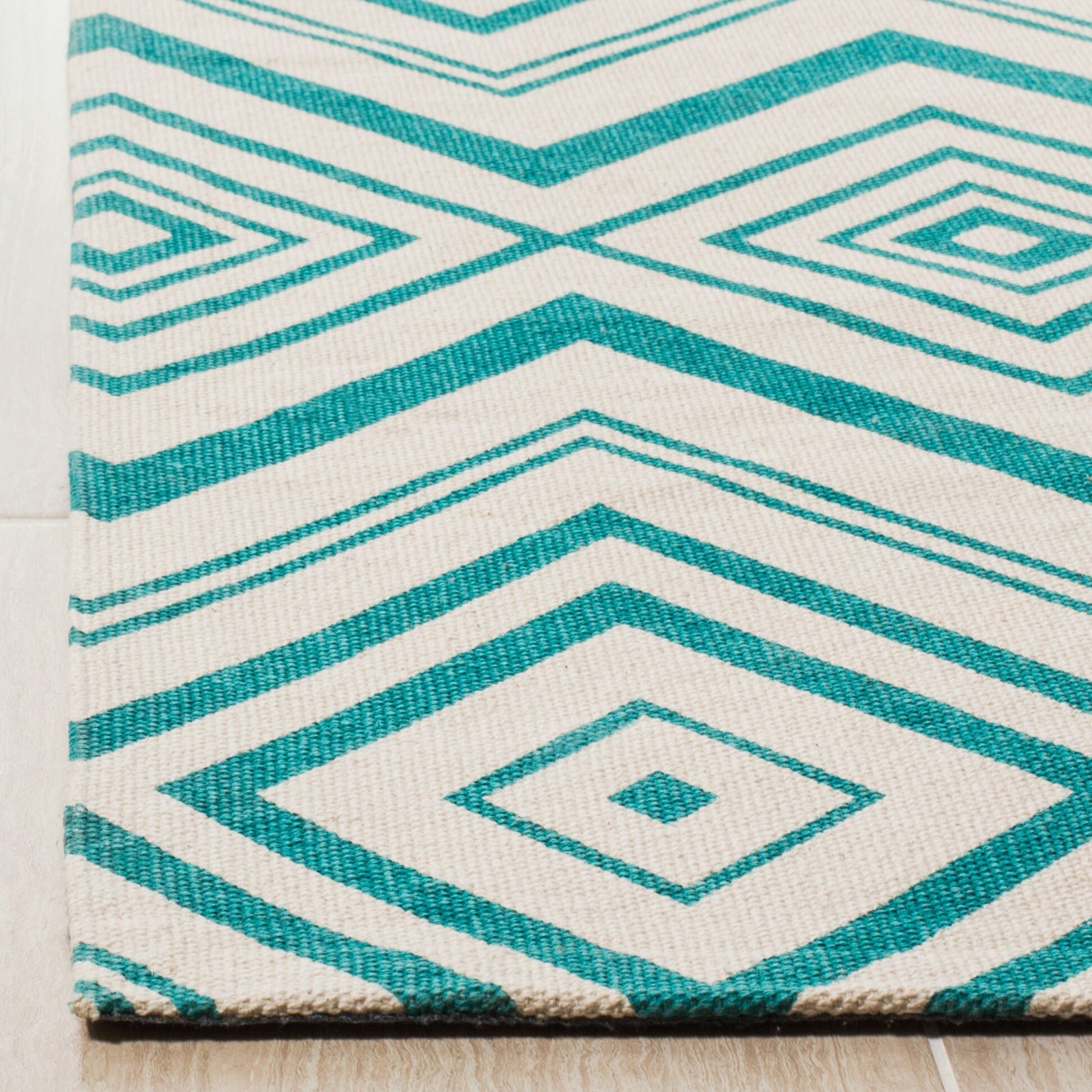 Ivory and Light Teal Geometric Cotton Square Rug, 5' x 5'
