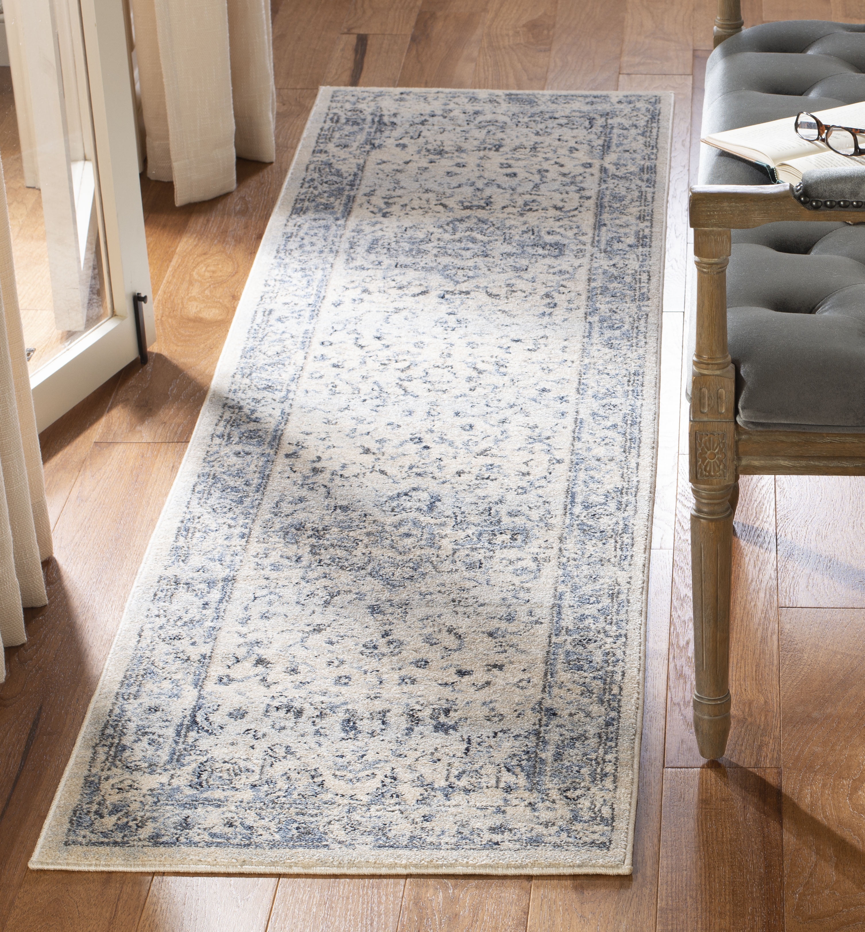 Ivory and Navy Floral Motif Low Pile Runner Rug