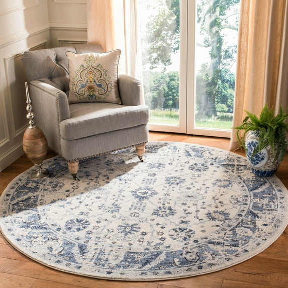 SAFAVIEH Charleston Tangier Floral Area Rug, Ivory/Blue, 6'7" x 6'7" Round