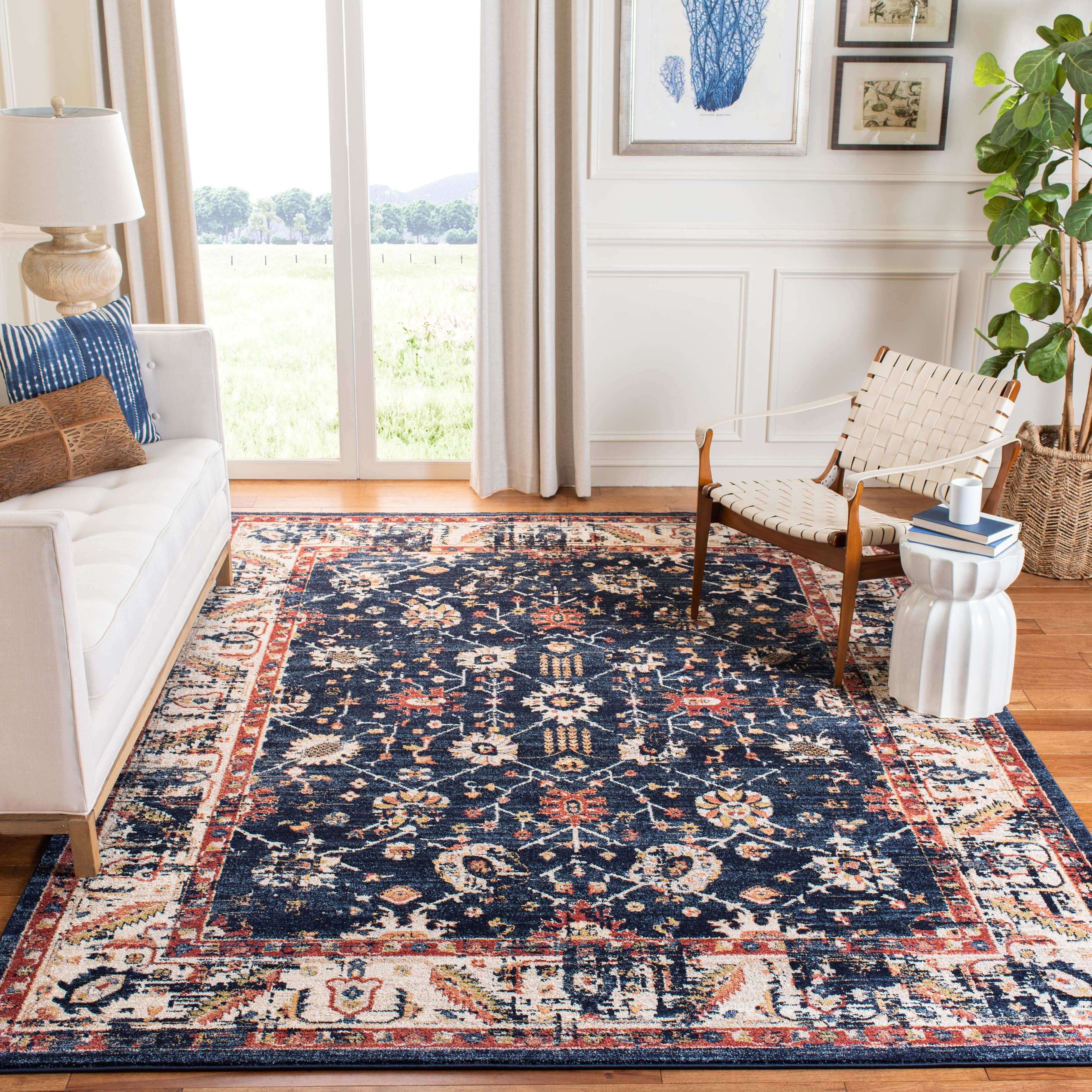Navy and Ivory 8' x 10' Synthetic Floral Area Rug