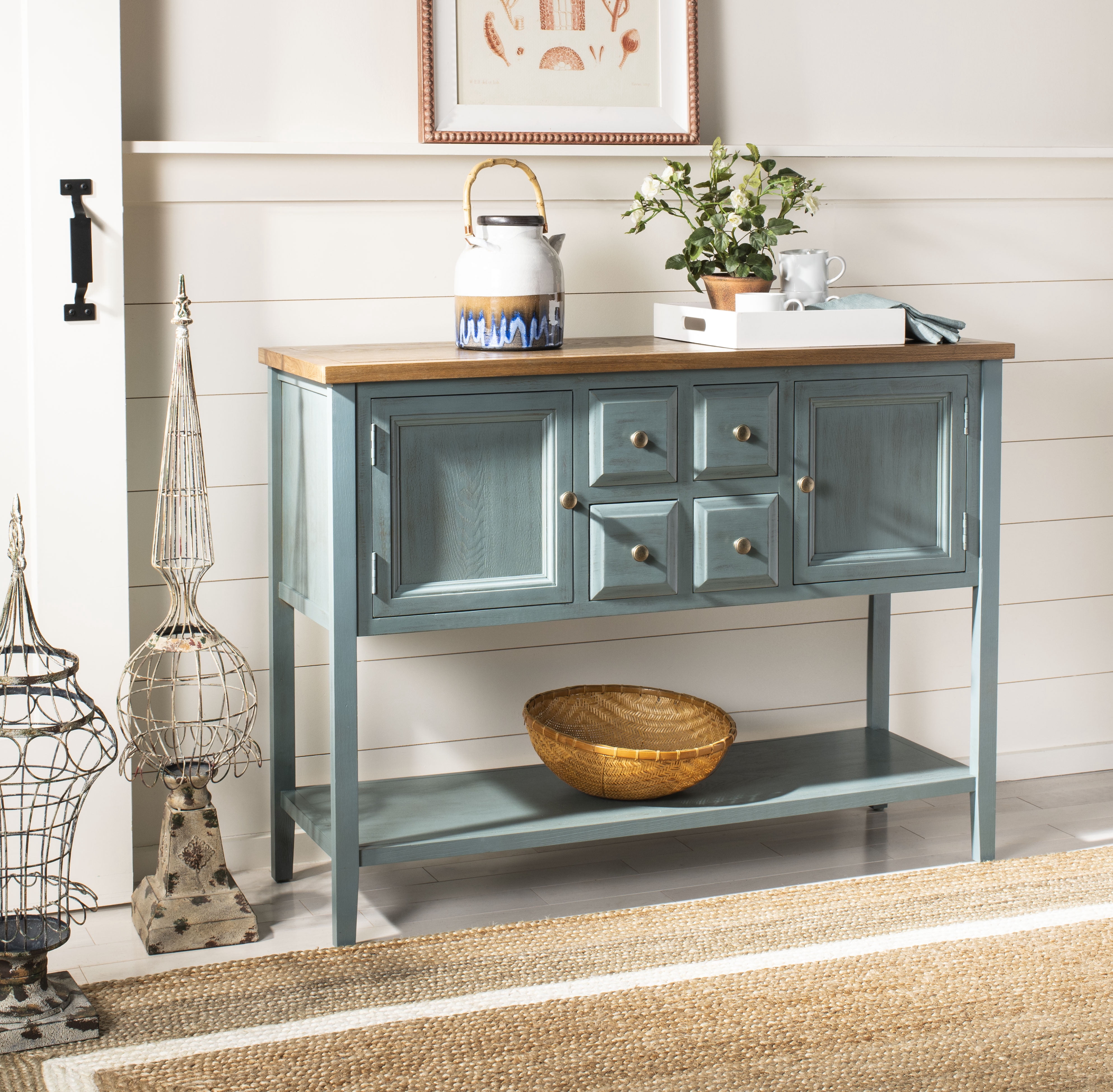 Safavieh American Home Traditional 45.7" Sideboard with 2 Doors 4 Drawers 1 Shelf, Barn Blue