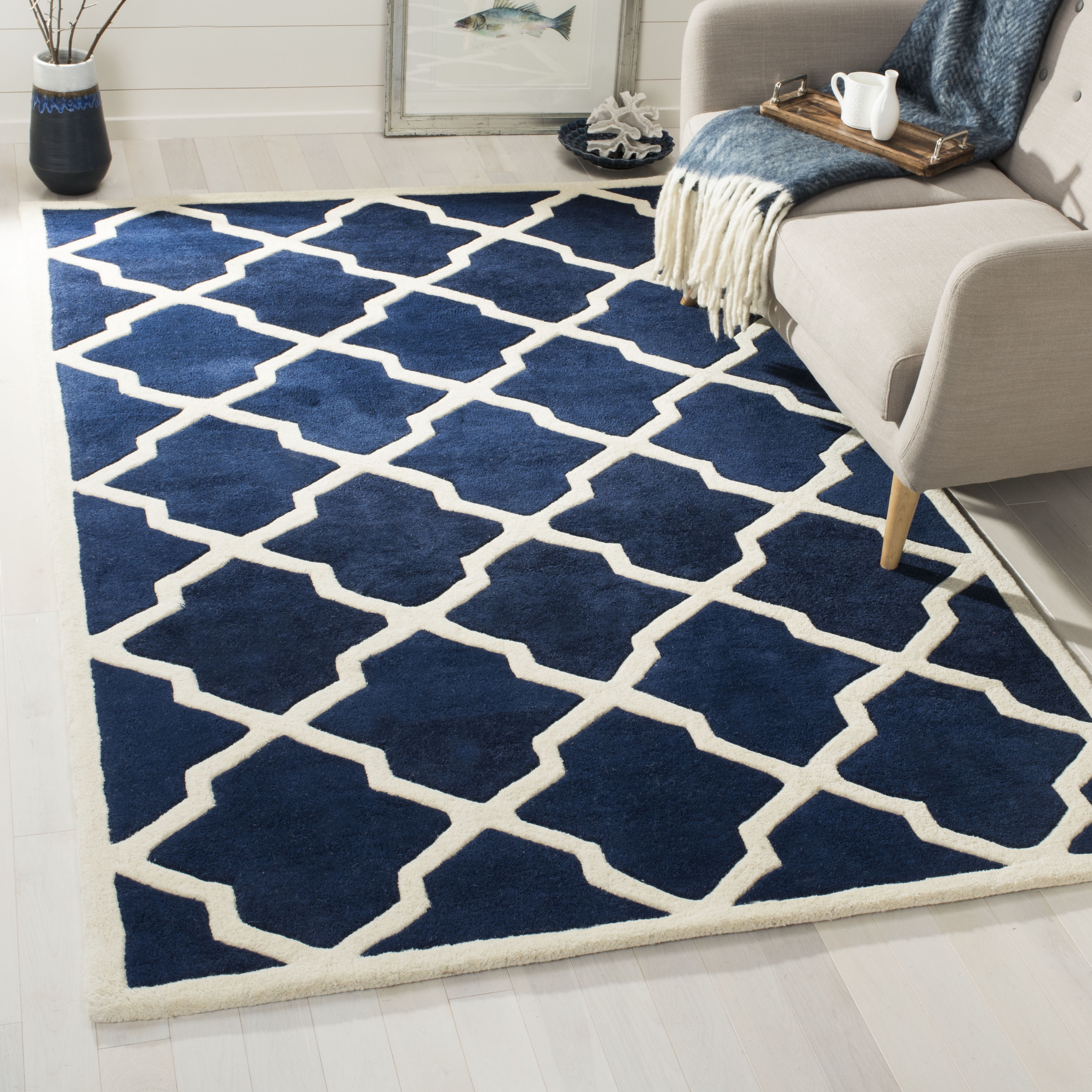 SAFAVIEH Chatham Franklin Geometric Wool Area Rug, Dark Blue/Ivory, 7' x 7' Square