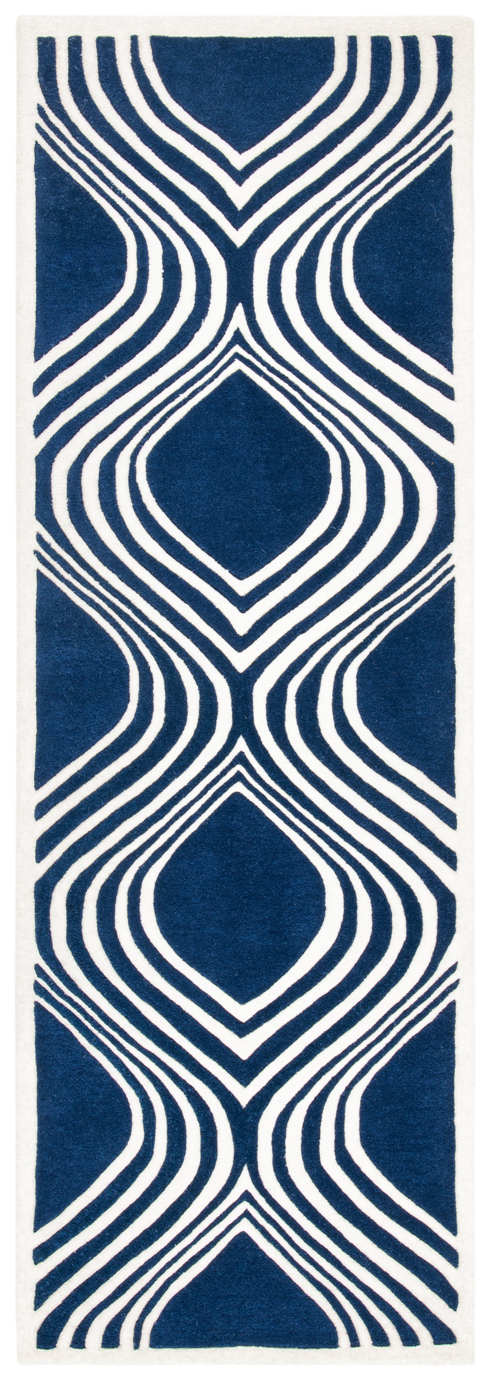Dark Blue and Ivory Hand-Tufted Wool Runner Rug