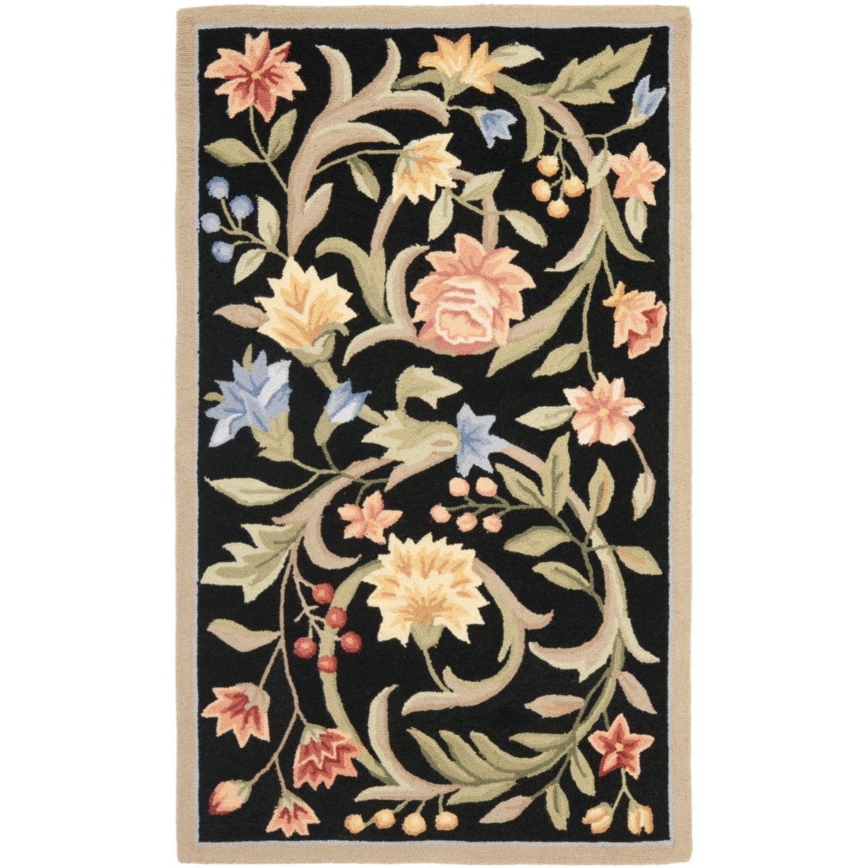 Hand-Hooked Black Floral Wool Area Rug 2'9" x 4'9"