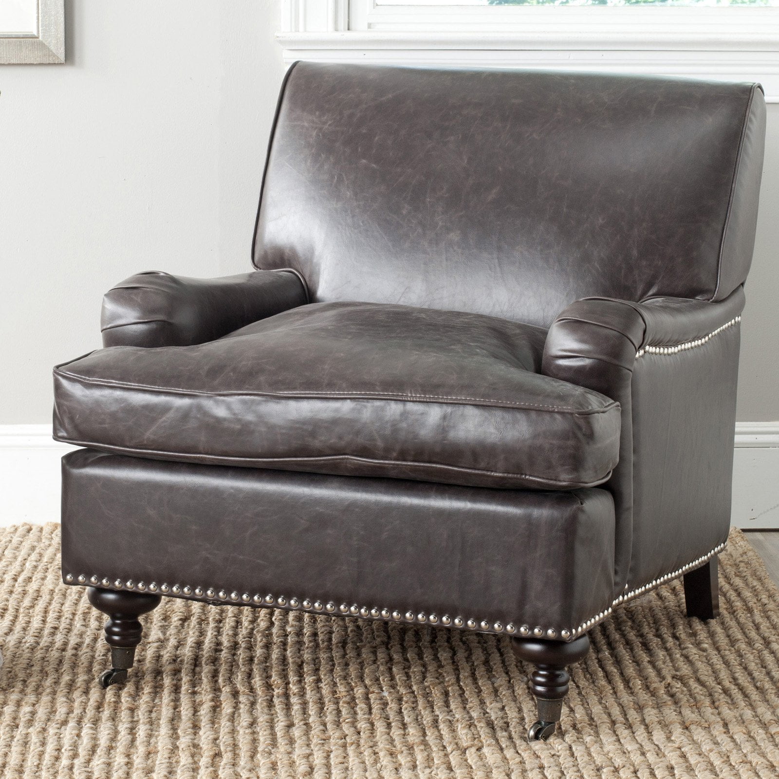 Antique Brown Faux Leather Accent Chair with Wood Legs