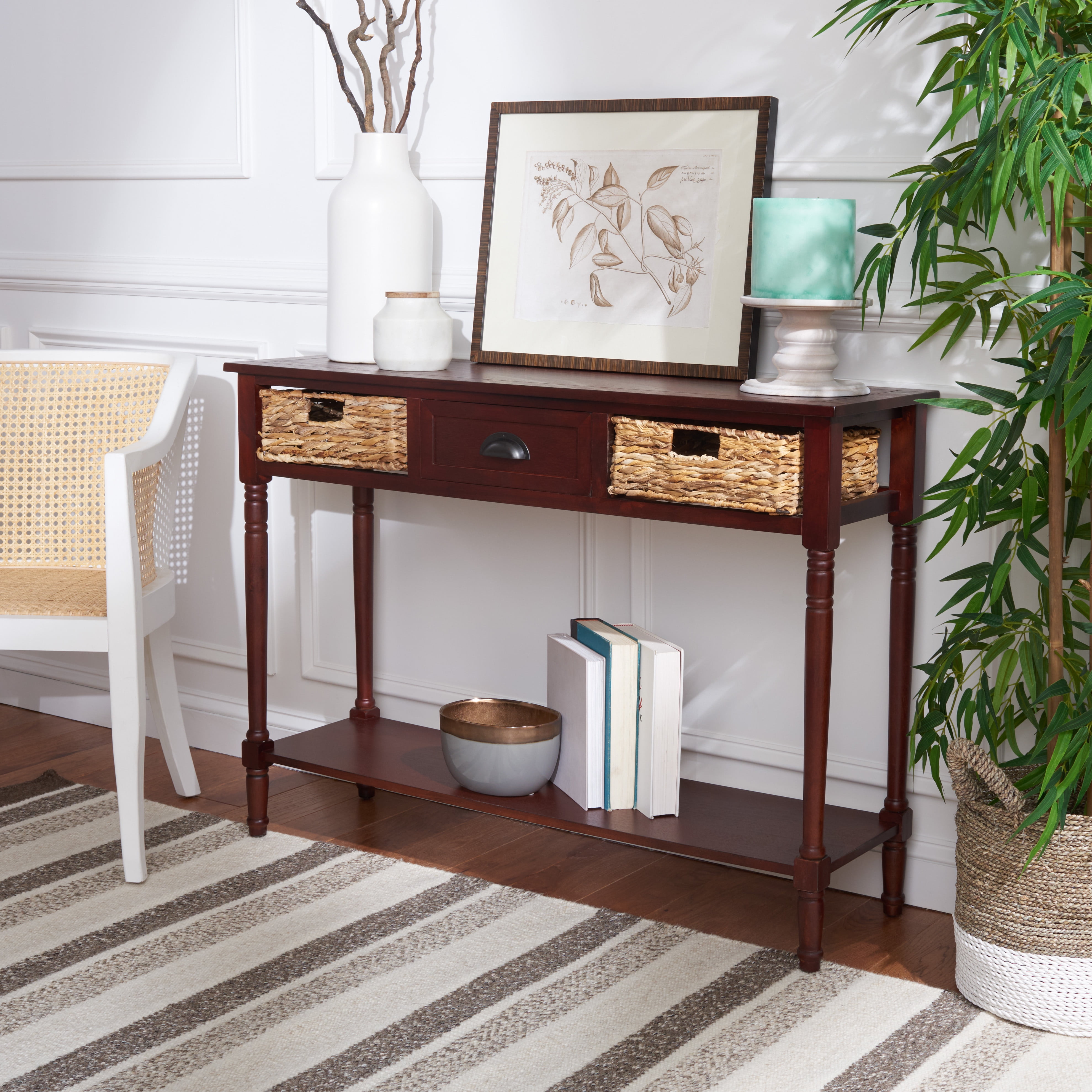 Christa Cherry Pine Console Table with Rattan Storage