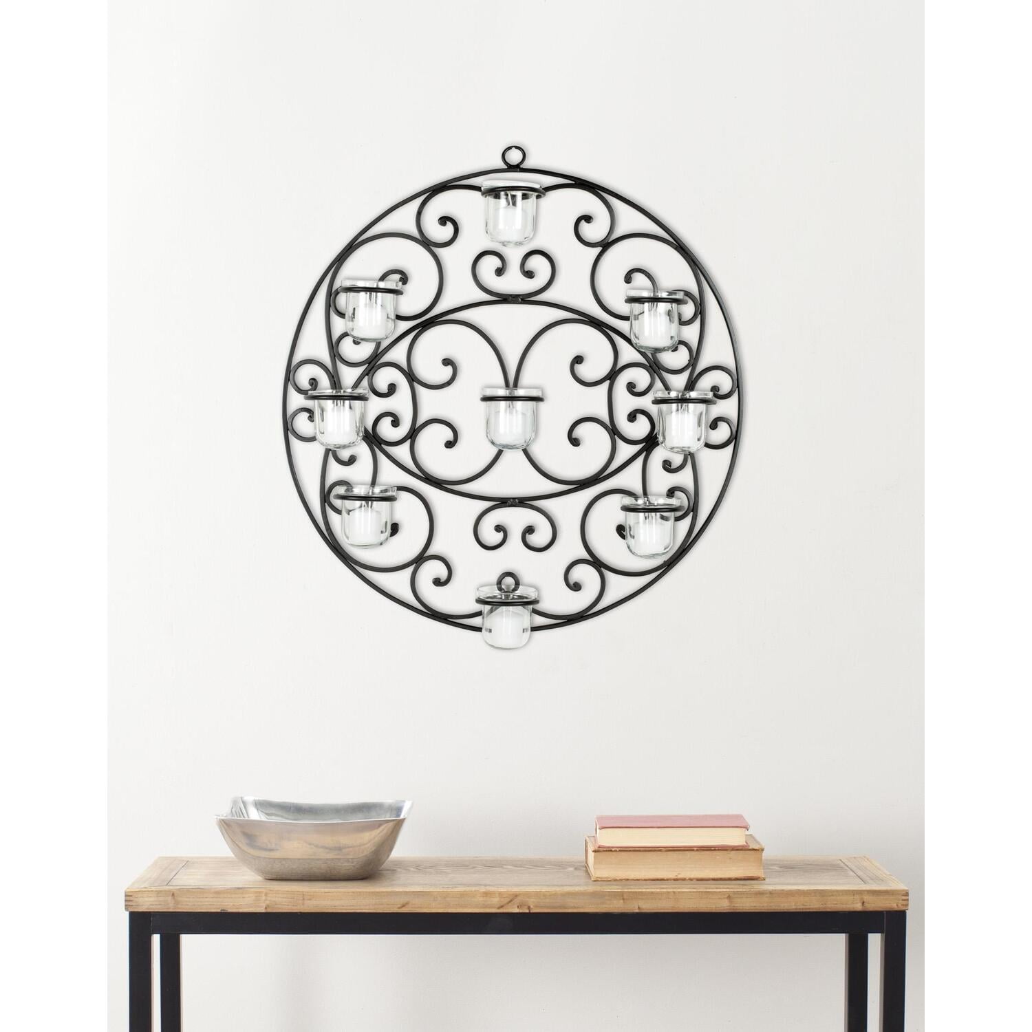 Black Wrought Iron Circular Scroll Tea Light Wall Sconce