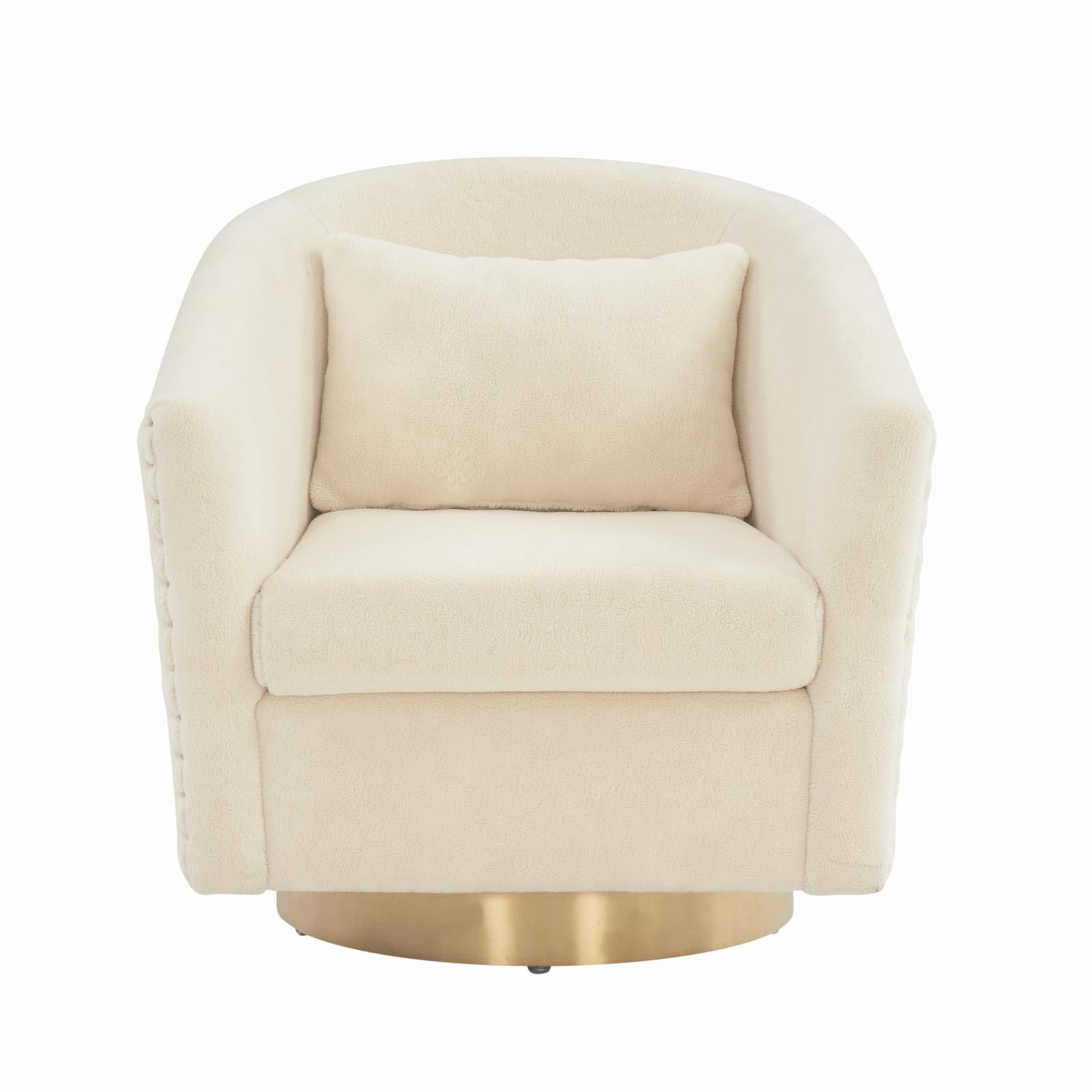 Ivory Velvet Swivel Barrel Chair with Wood Accents