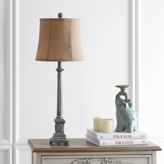 Safavieh Collin 35.1" Traditional Antique Blue Table Lamps with Brown Solid Print Shades