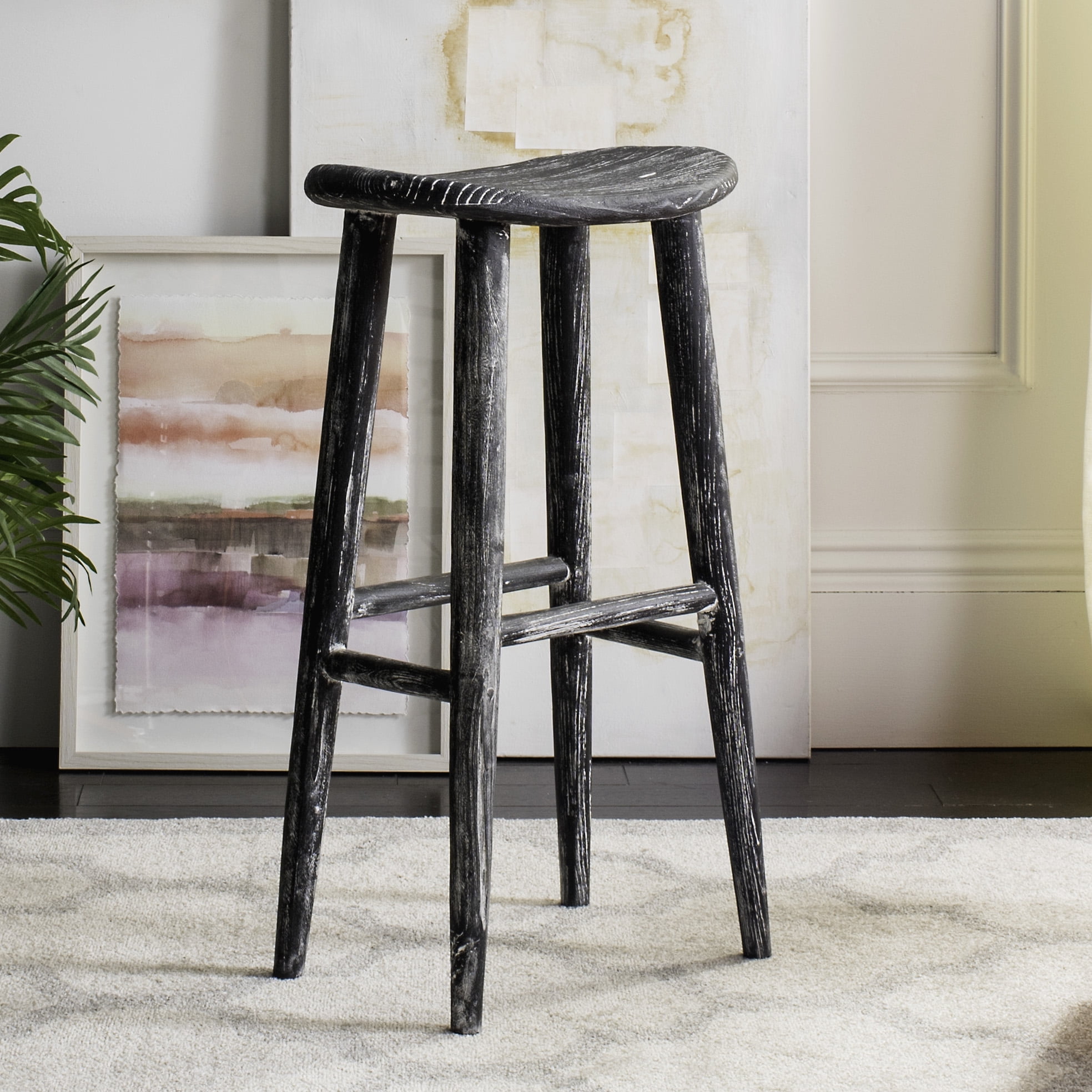 Transitional Black Wood Saddle Bar Stool, 18" W x 31" H