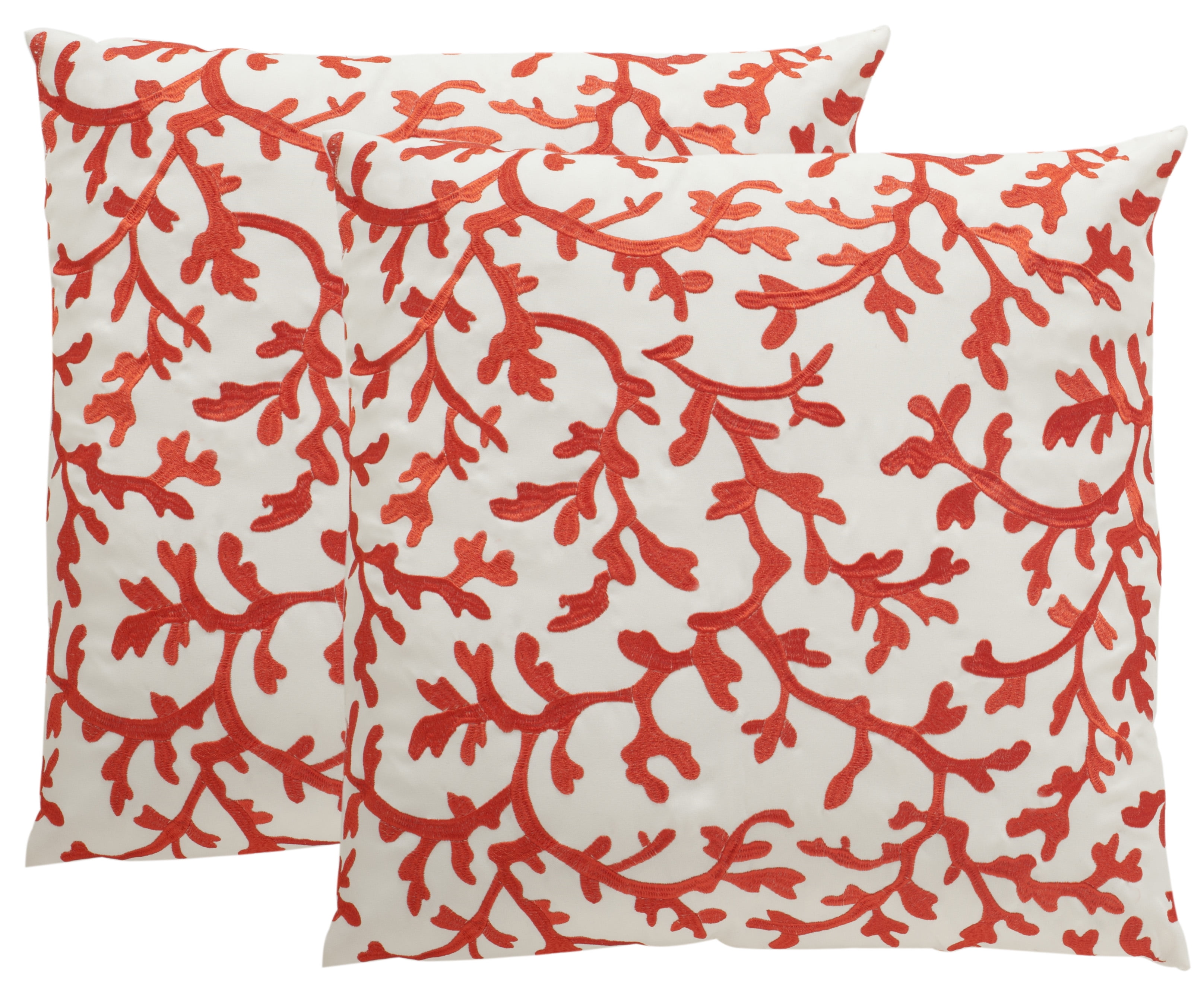 Coral Embroidered White and Red Outdoor Square Pillow Set