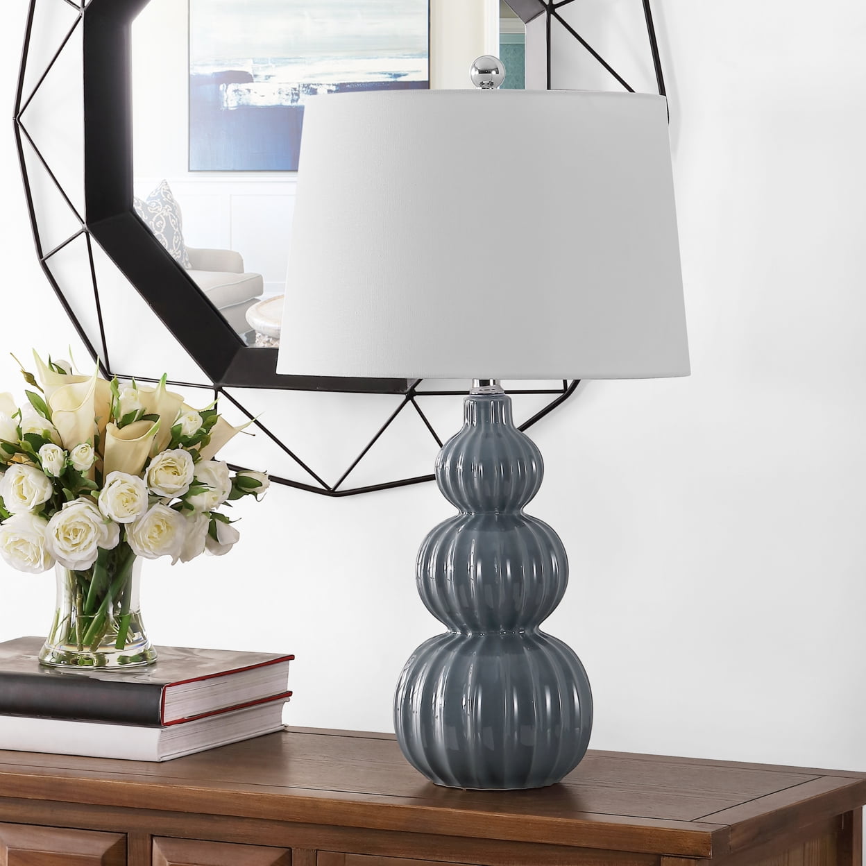 Corina Grey Triple Gourd Ceramic Table Lamp with White Shade