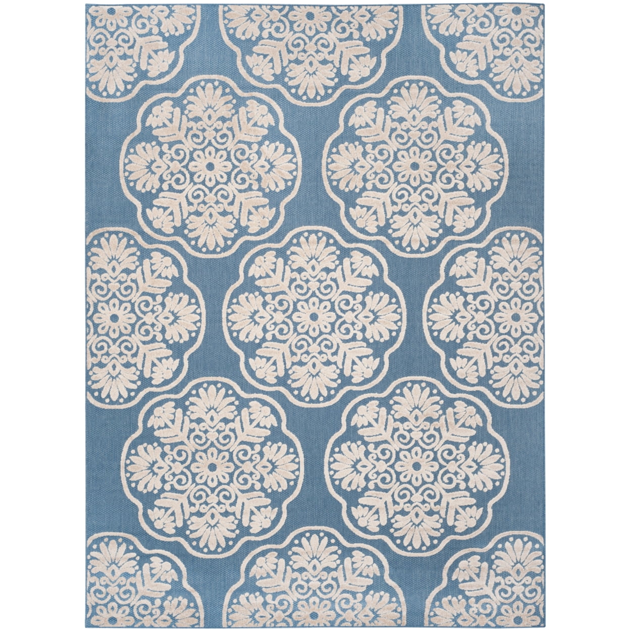 Light Blue and Beige Rectangular Synthetic Medallion Area Rug