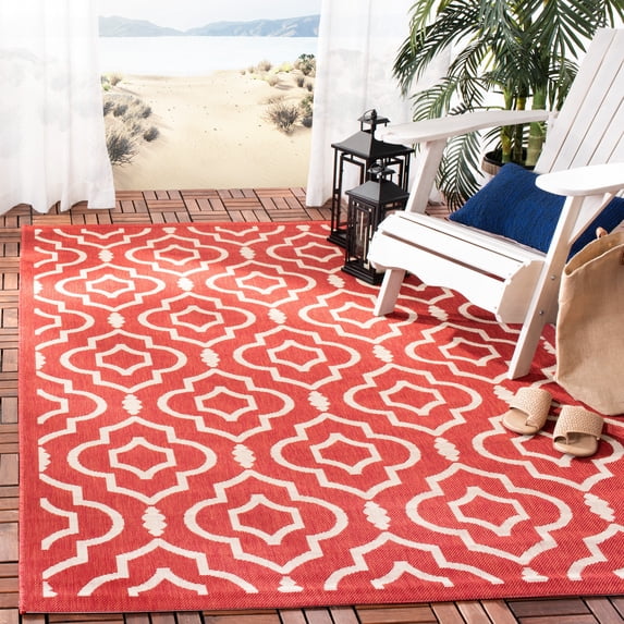 Safavieh Courtyard Lavern Geometric Indoor/Outdoor Area Rug, Red/Bone, 7'10" x 7'10" Square