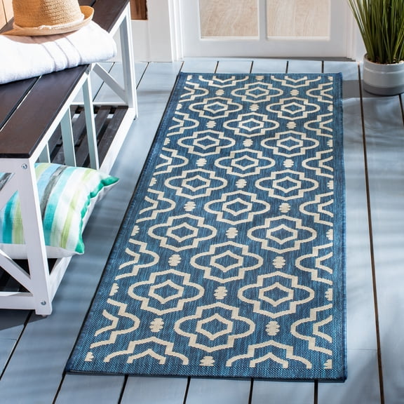 Safavieh Courtyard Lavern Geometric Indoor/Outdoor Runner Rug, Navy/Beige, 2'3" x 10'