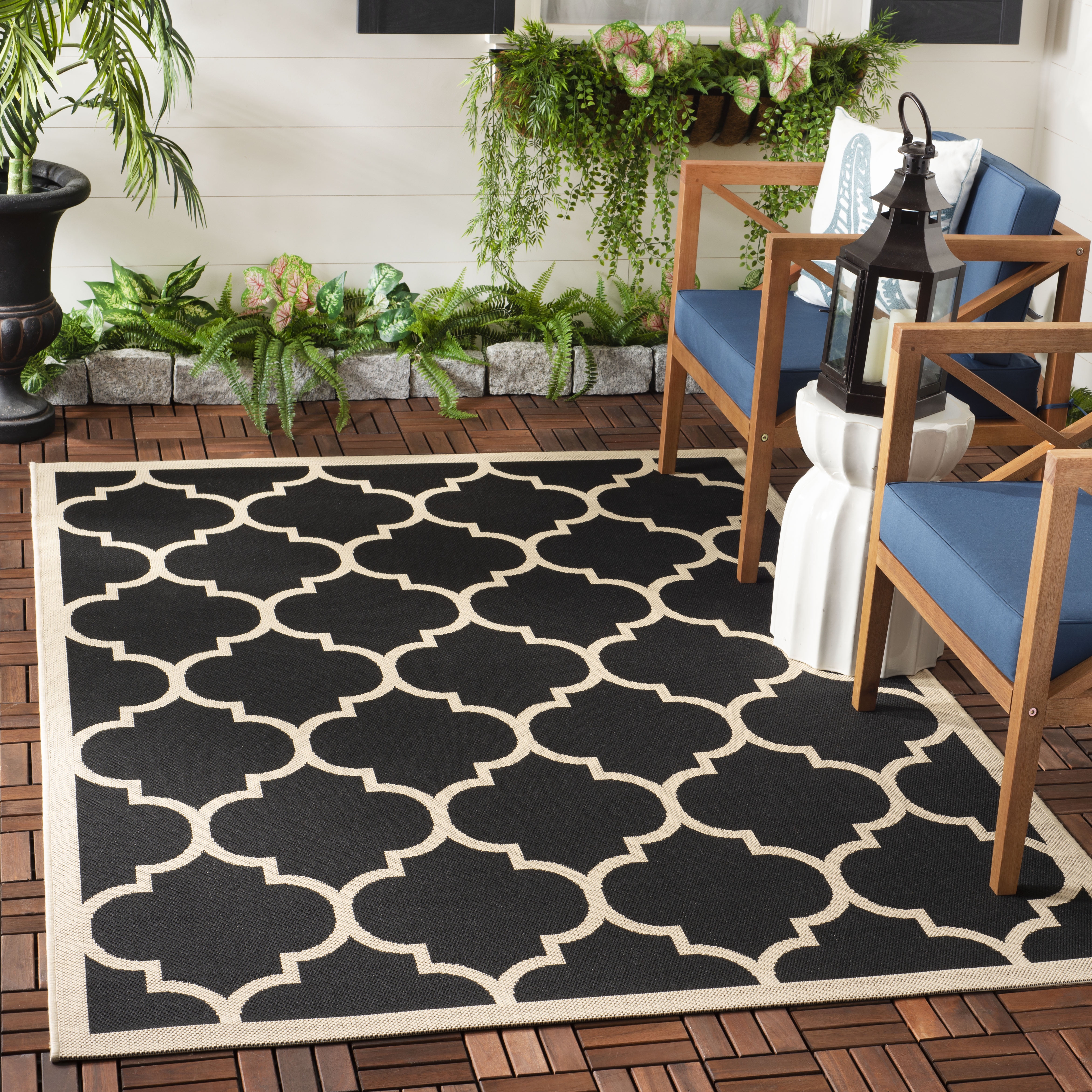 Modern Square Black Synthetic Indoor/Outdoor Area Rug