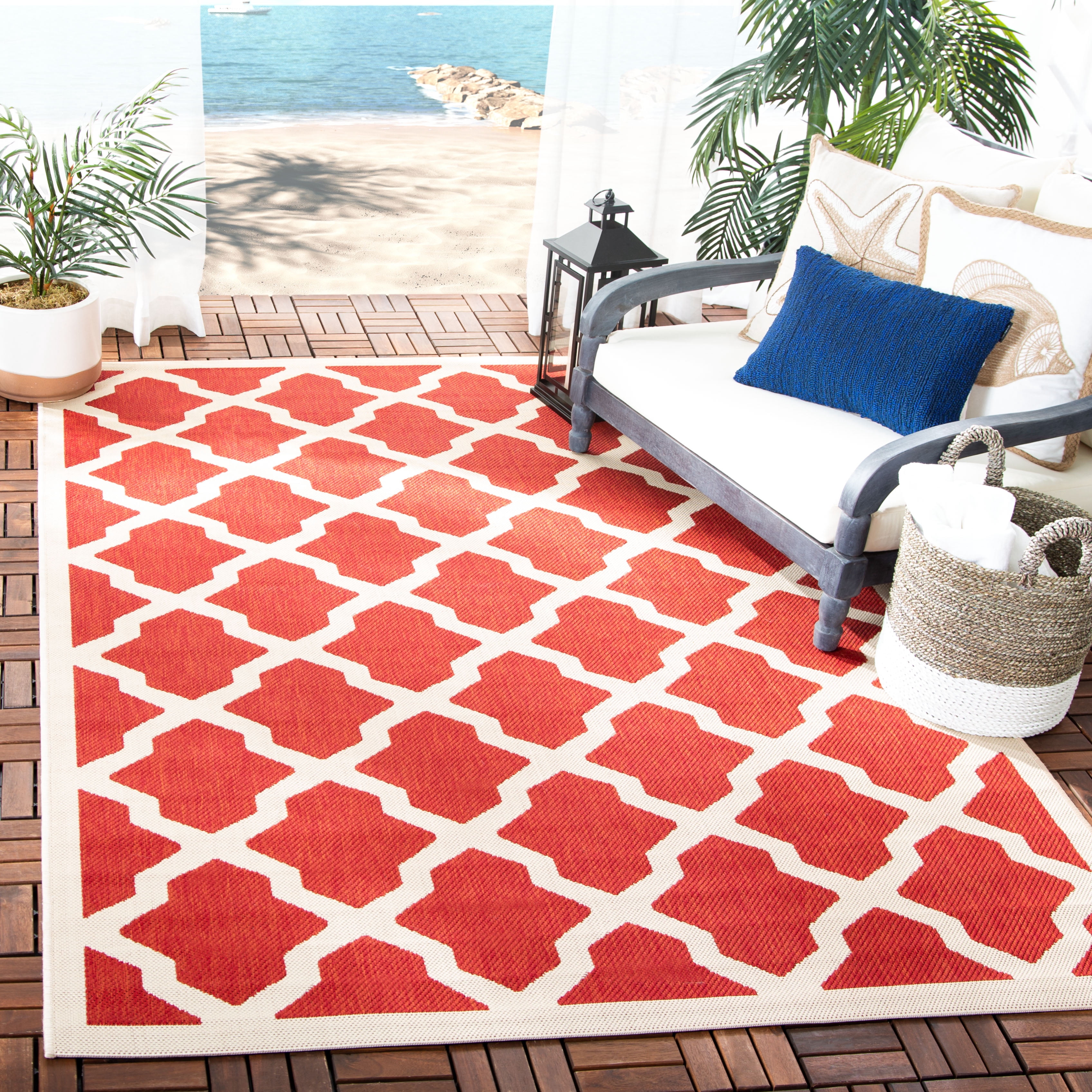 Safavieh Courtyard Amber Geometric Indoor/Outdoor Area Rug, Red/Bone, 4' x 5'7"