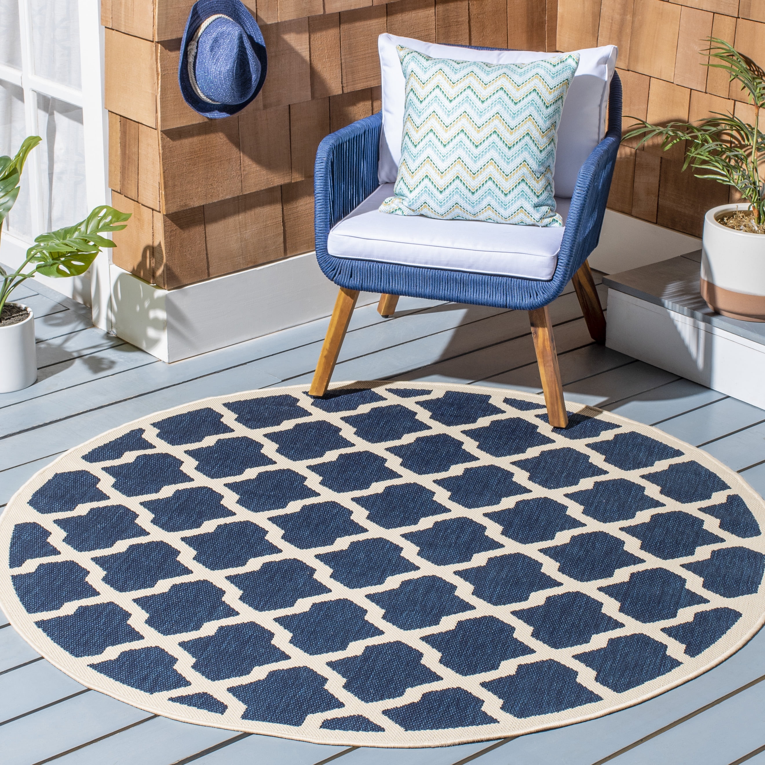 Safavieh Courtyard Amber Geometric Indoor/Outdoor Area Rug, Navy/Beige, 6'7" x 6'7" Round