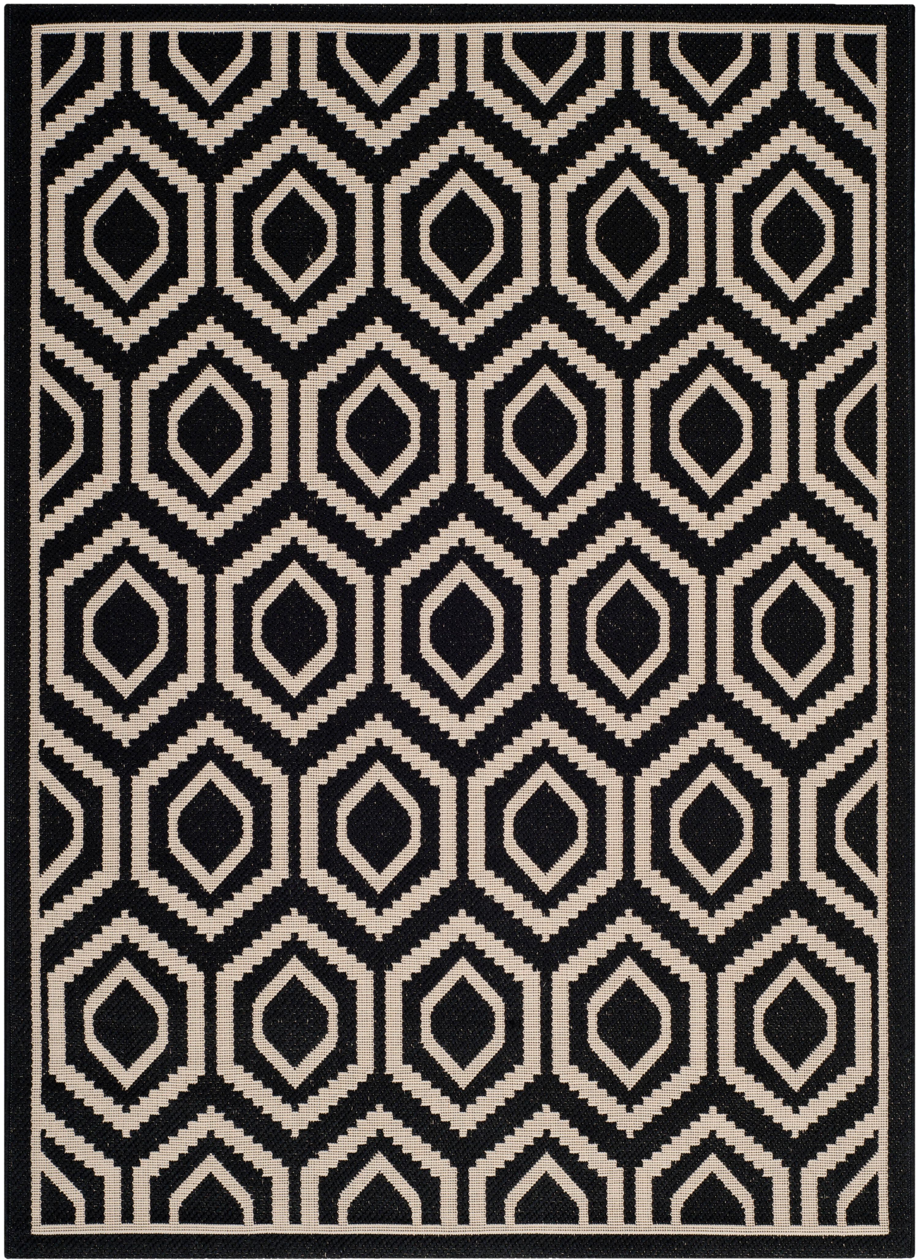 Amelia Round Black and Beige Honeycomb Indoor/Outdoor Rug