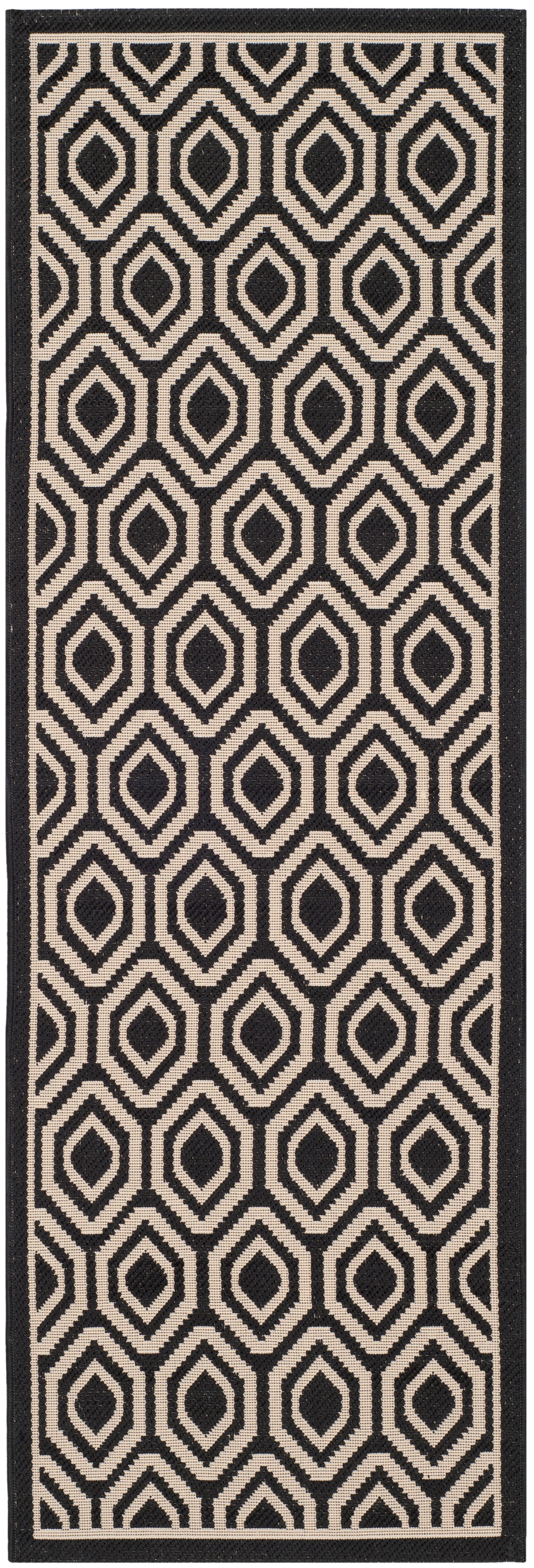 Black and Beige Geometric Indoor/Outdoor Runner Rug