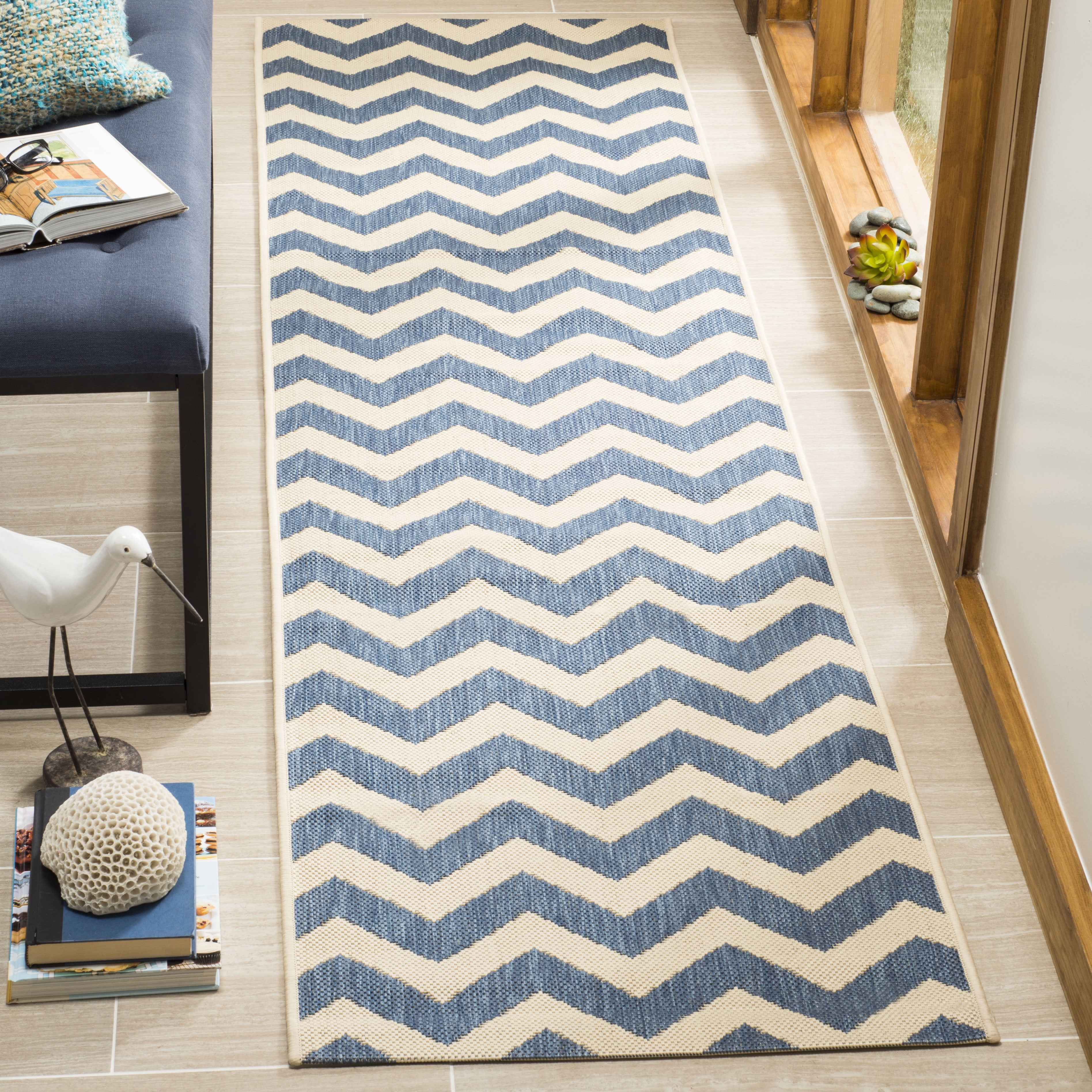 Coastal Charm Blue/Beige Synthetic 27"x10' Flat Woven Runner Rug