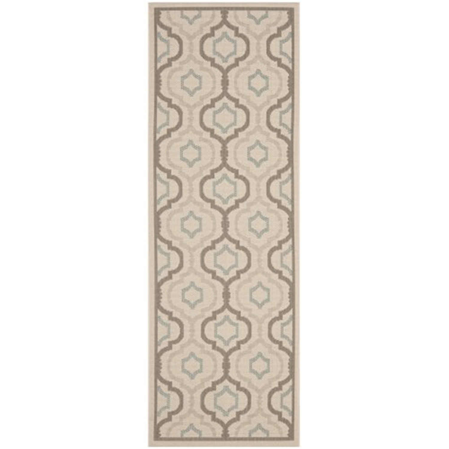 Beige and Aqua Geometric Pattern Outdoor Runner Rug