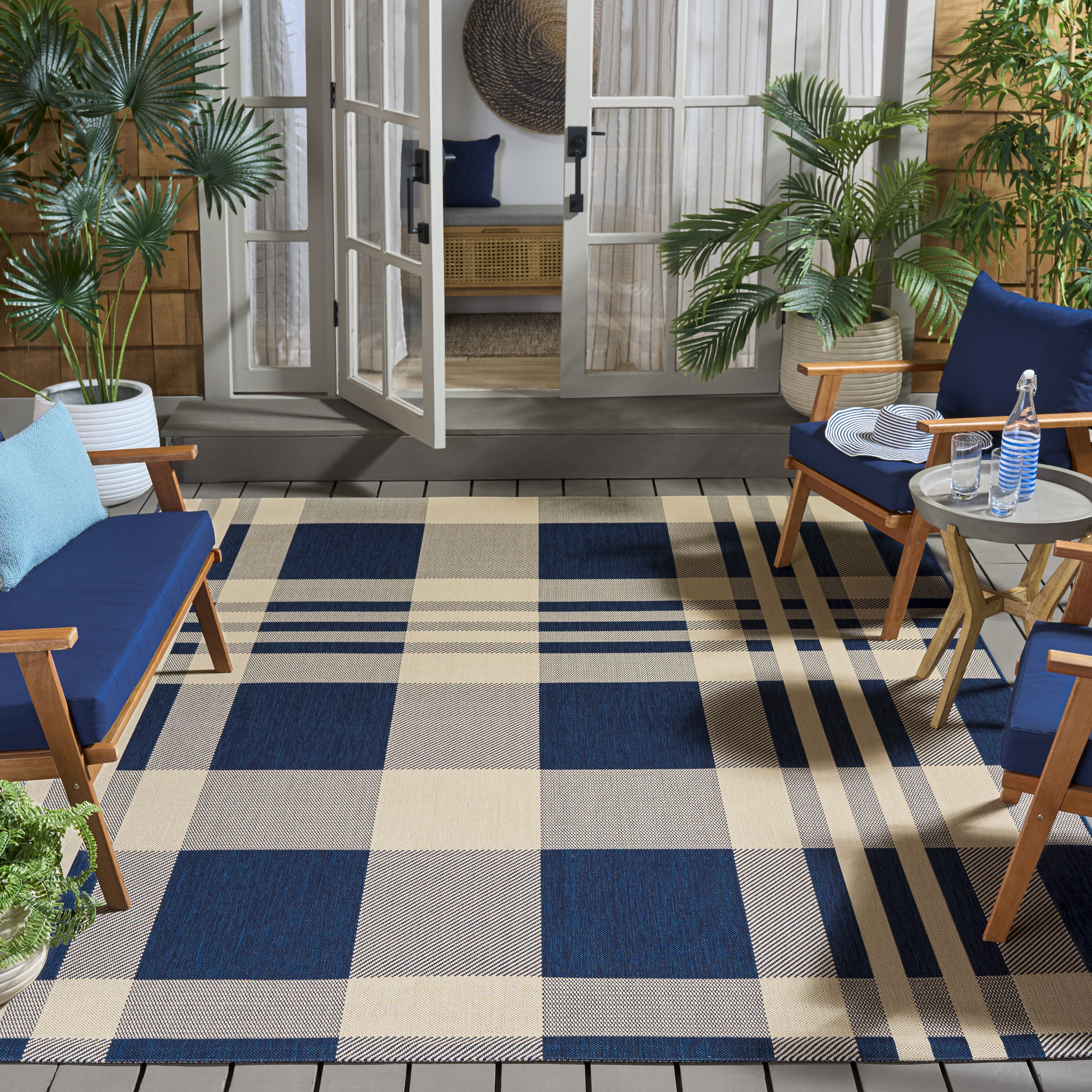 Safavieh Courtyard Benjamin Plaid Indoor/Outdoor Area Rug, Navy/Beige, 6'7" x 6'7" Square