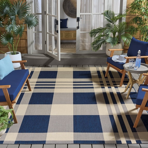 Safavieh Courtyard Benjamin Plaid Indoor/Outdoor Area Rug, Navy/Beige, 6'7" x 6'7" Square