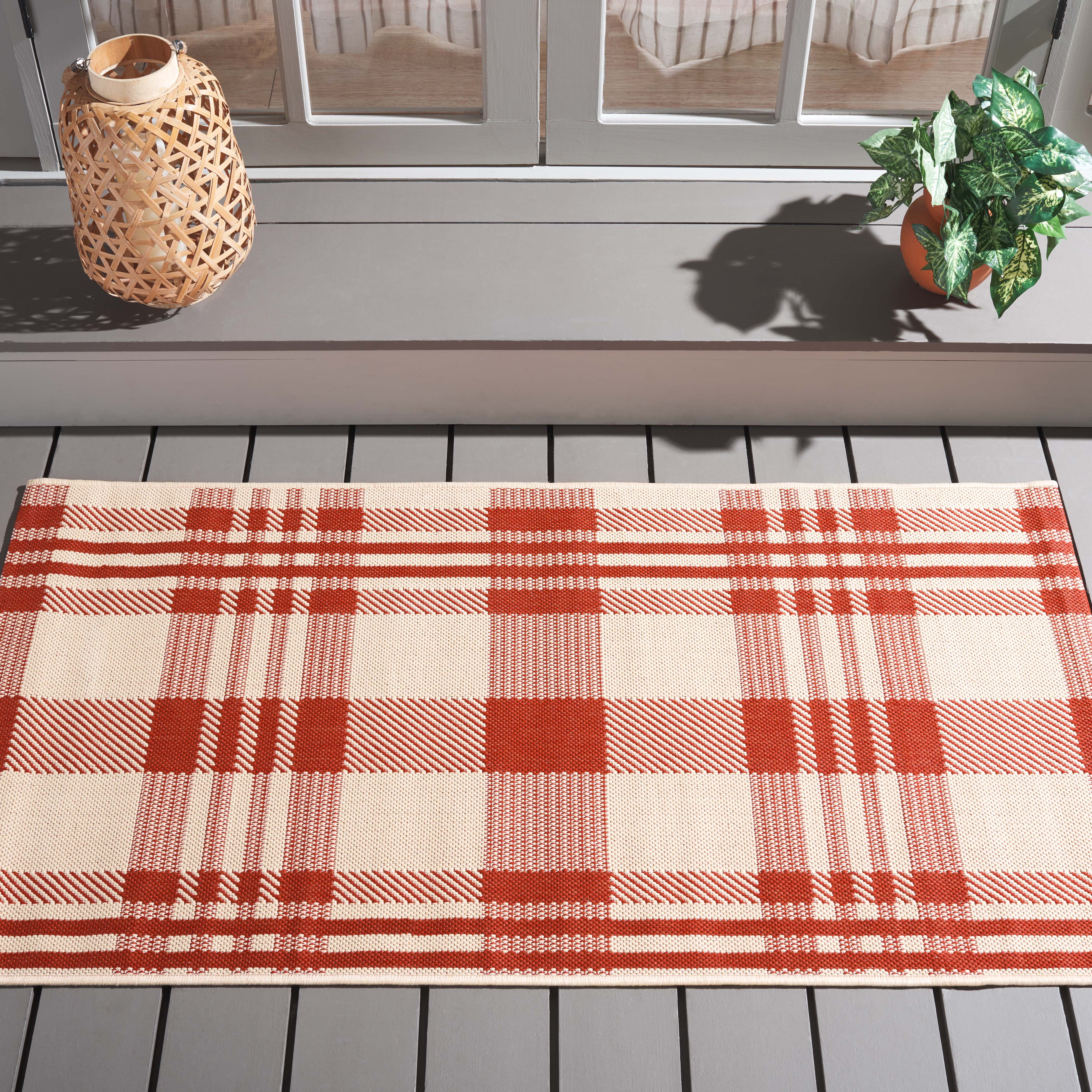 Safavieh Courtyard Benjamin Plaid Indoor/Outdoor Area Rug, Red/Bone, 2'7" x 2'7" Square