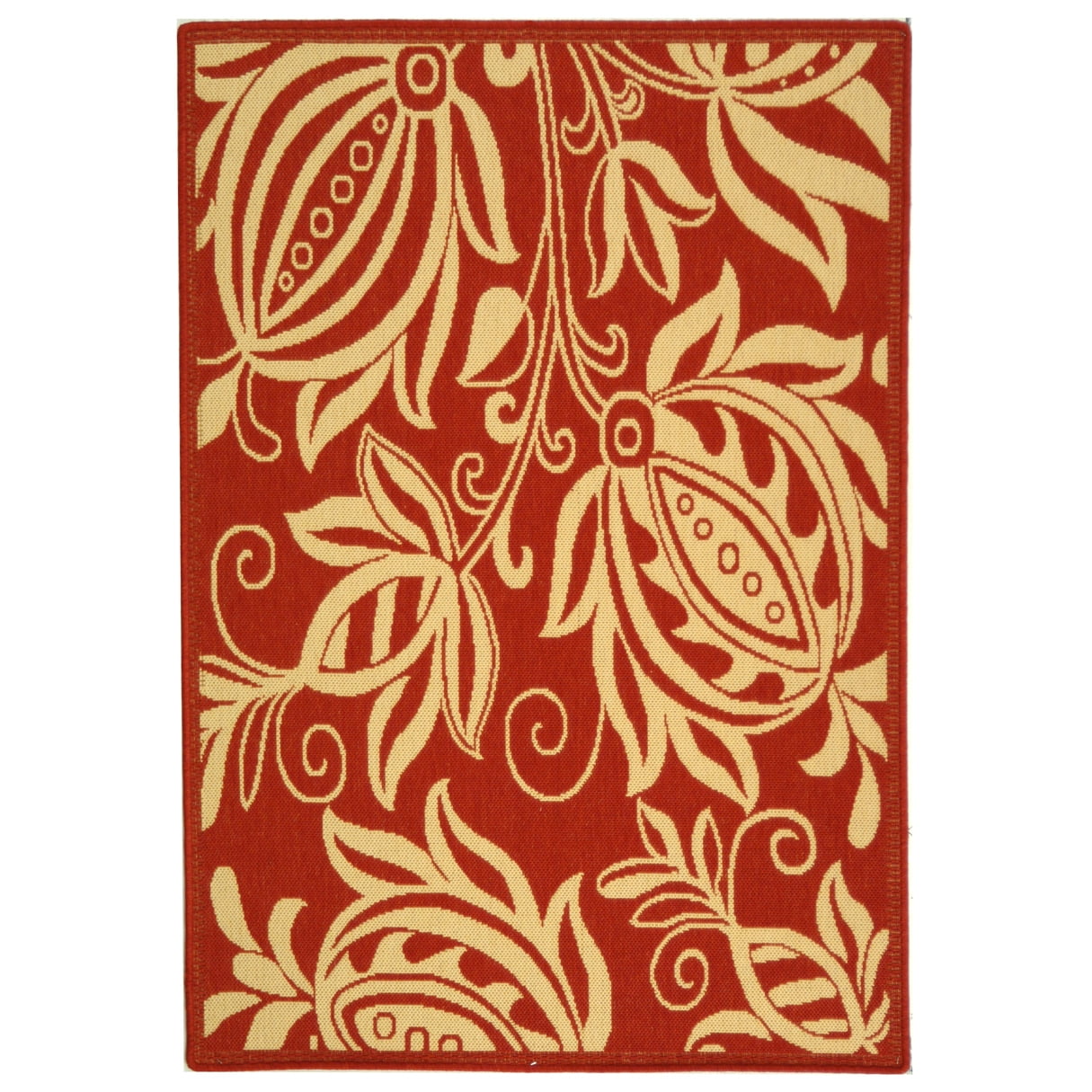 Red and Natural Floral Rectangular Synthetic Area Rug