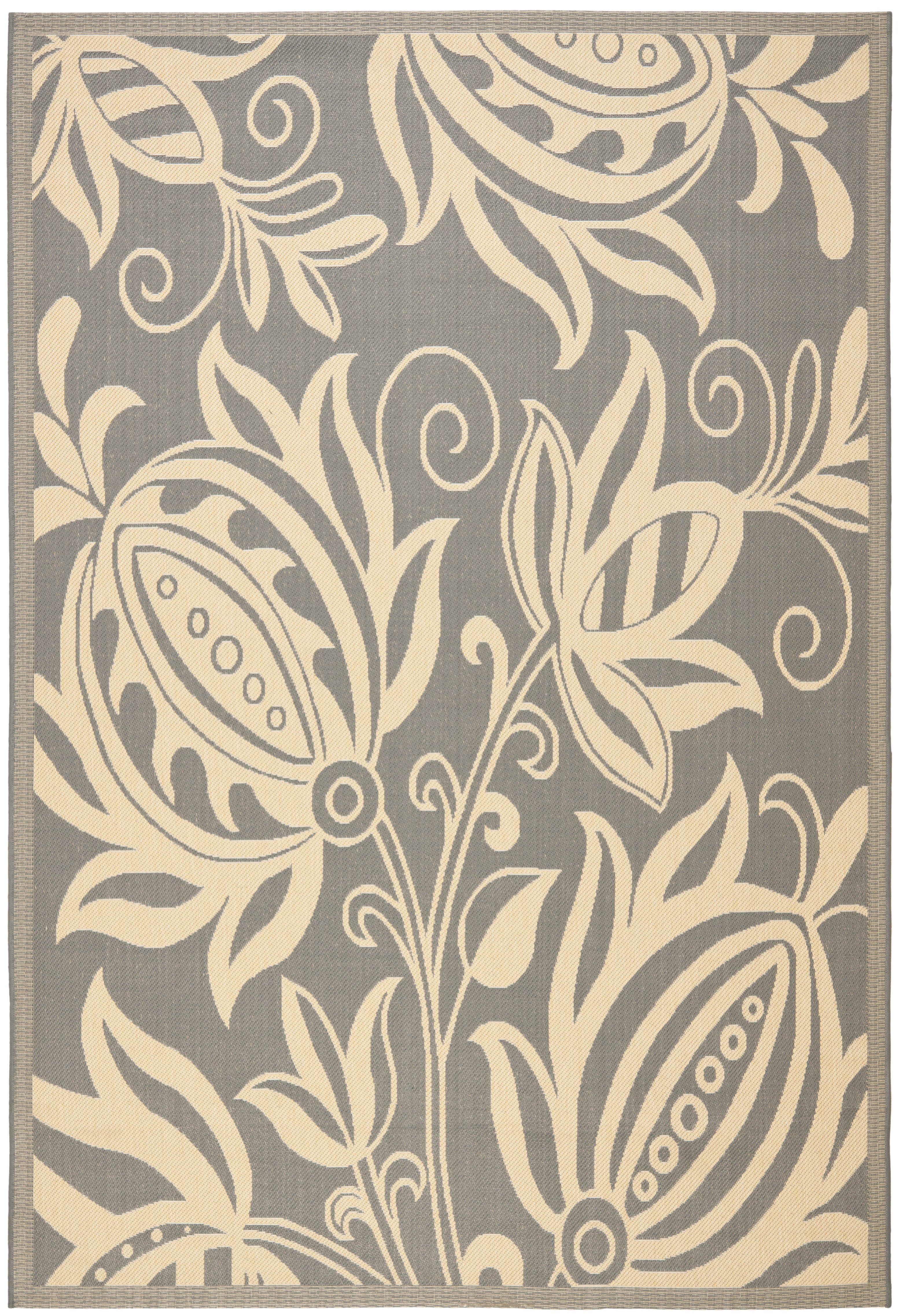 Grey and Natural Floral Motif Synthetic Outdoor Area Rug