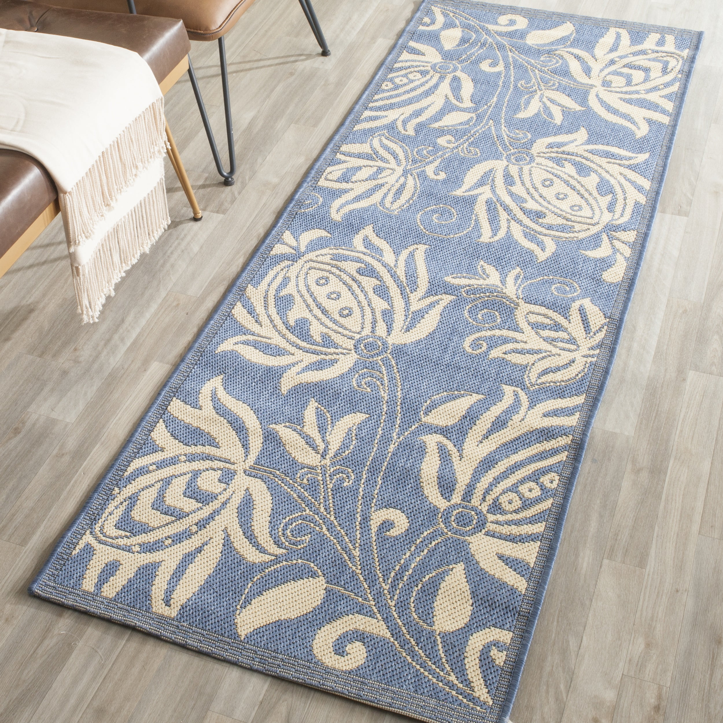 Reversible Blue and Natural Synthetic Runner Rug - 27" x 10"