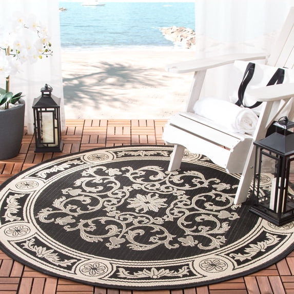 Safavieh Courtyard Cynthia Oriental Indoor/Outdoor Area Rug, Black/Sand, 7'10" x 7'10" Round