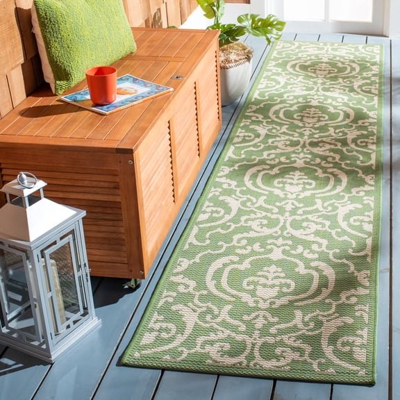 Safavieh Courtyard Dara Damask Indoor/Outdoor Runner Rug, Olive/Natural, 2'3" x 10'