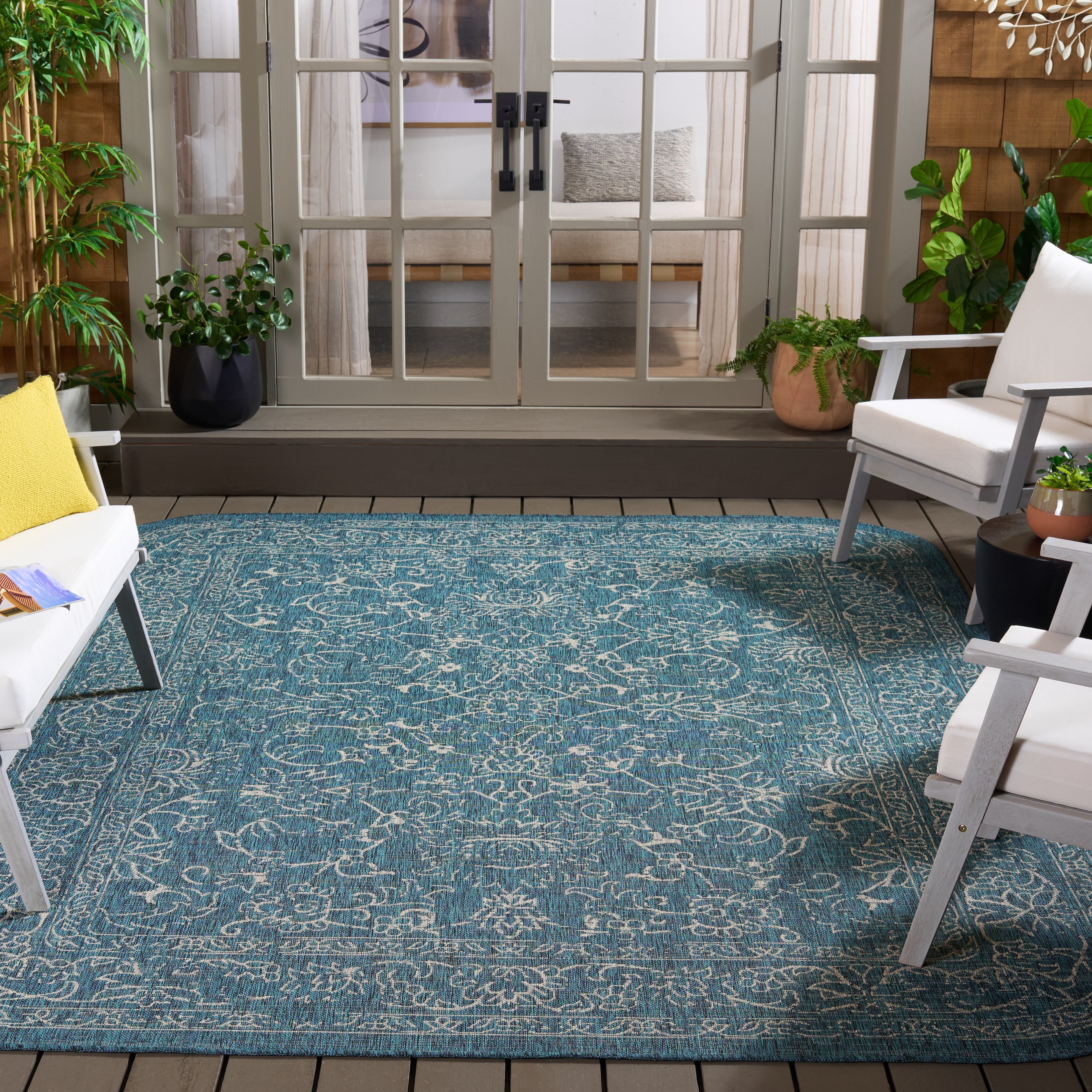 Safavieh Courtyard Darin Botanical Indoor/Outdoor Area Rug, Navy/Ivory, 8' x 10' Round