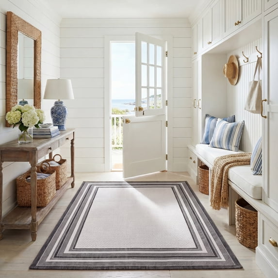 Safavieh Courtyard Ercan Bordered Indoor/Outdoor Area Rug, Ivory/Black, 6' x 8'