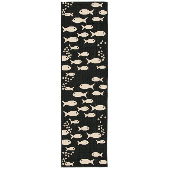 SAFAVIEH Courtyard Trena Fishes Indoor/Outdoor Runner Rug, Black/Beige, 2'3" x 20'