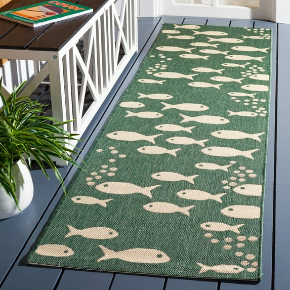 SAFAVIEH Courtyard Trena Fishes Indoor/Outdoor Runner Rug, Dark Green/Ivory, 2'3" x 14'