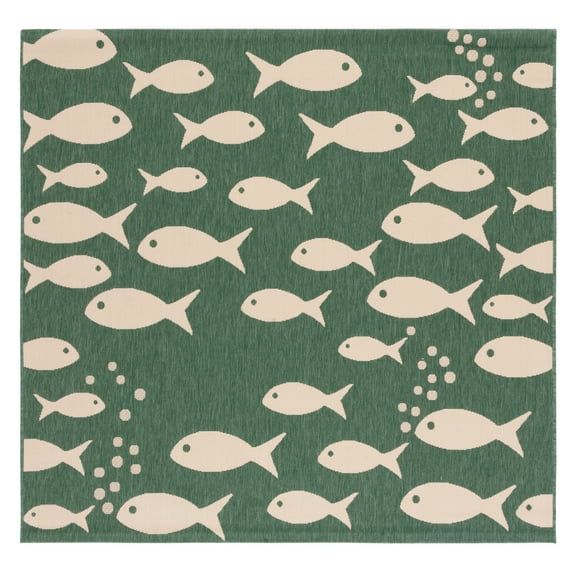 SAFAVIEH Courtyard Trena Fishes Indoor/Outdoor Area Rug, Dark Green/Ivory, 5'3" x 5'3" Square