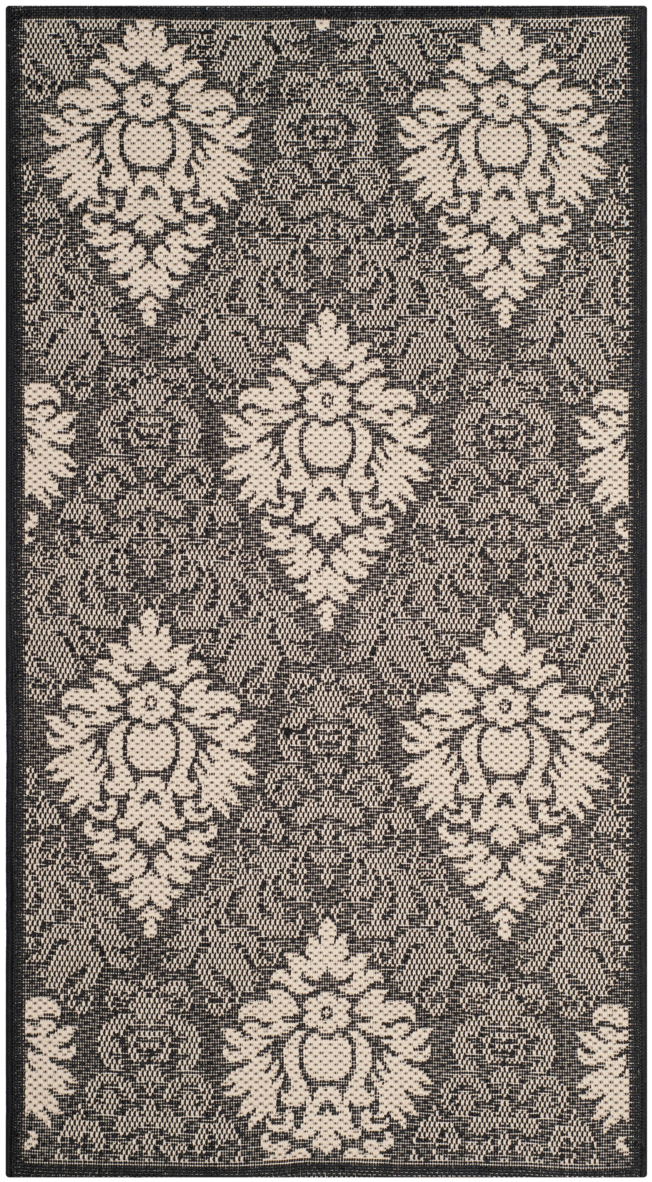 Black and Sand Floral Motif Indoor/Outdoor Area Rug