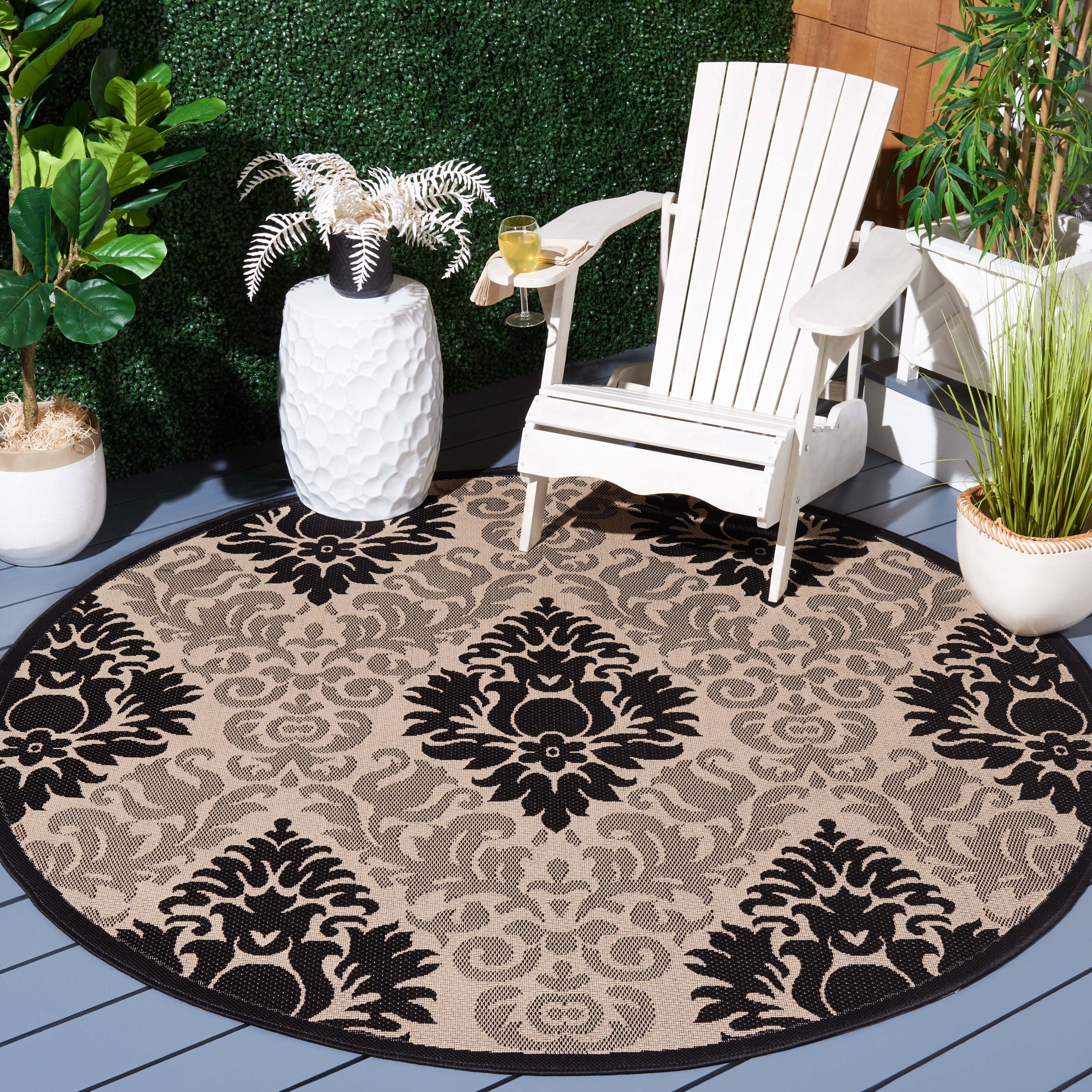 Safavieh Courtyard Jessie Damask Indoor/Outdoor Area Rug, Sand/Black, 5'3" x 5'3" Round