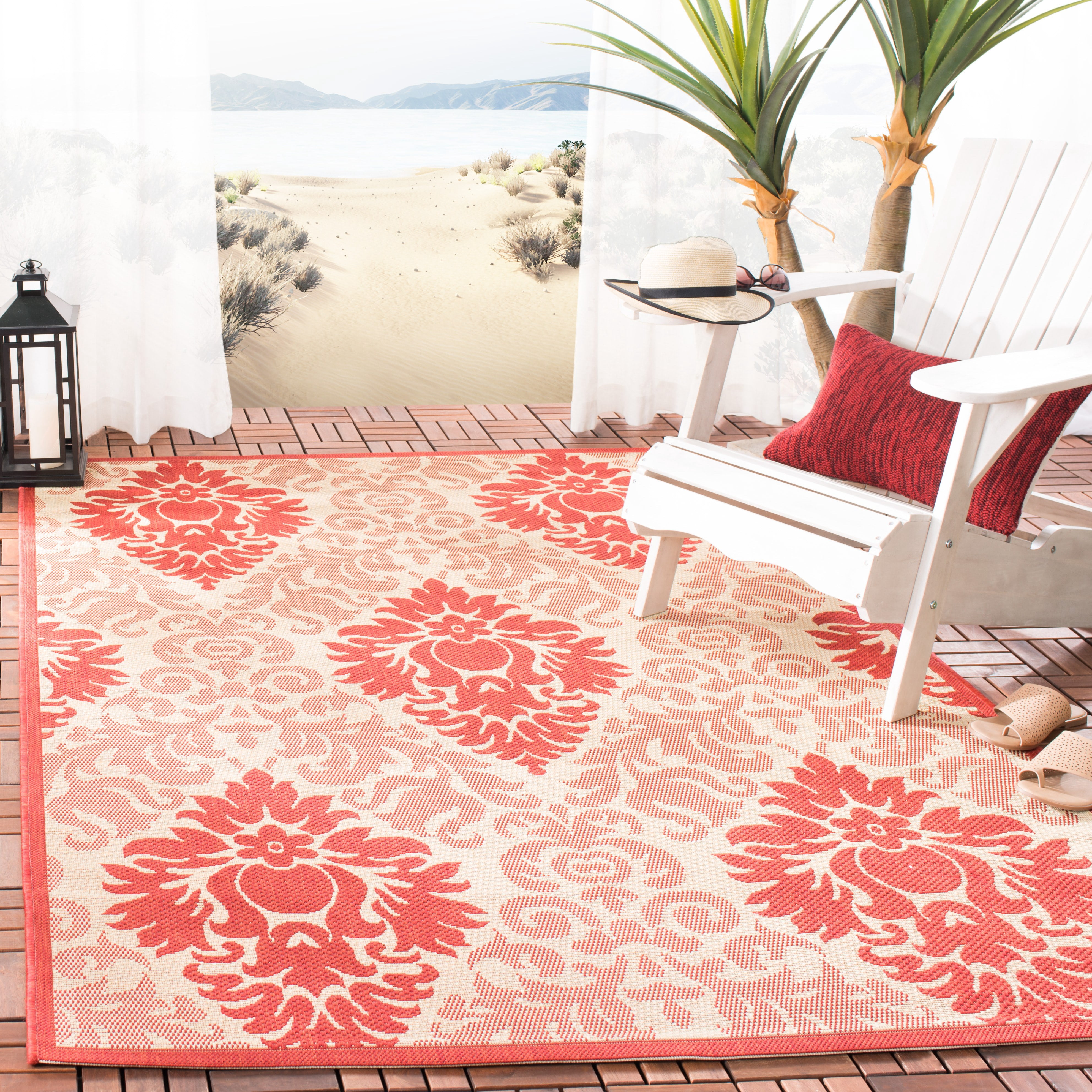 Safavieh Courtyard Jessie Damask Indoor/Outdoor Area Rug, Natural/Red, 5'3" x 7'7"