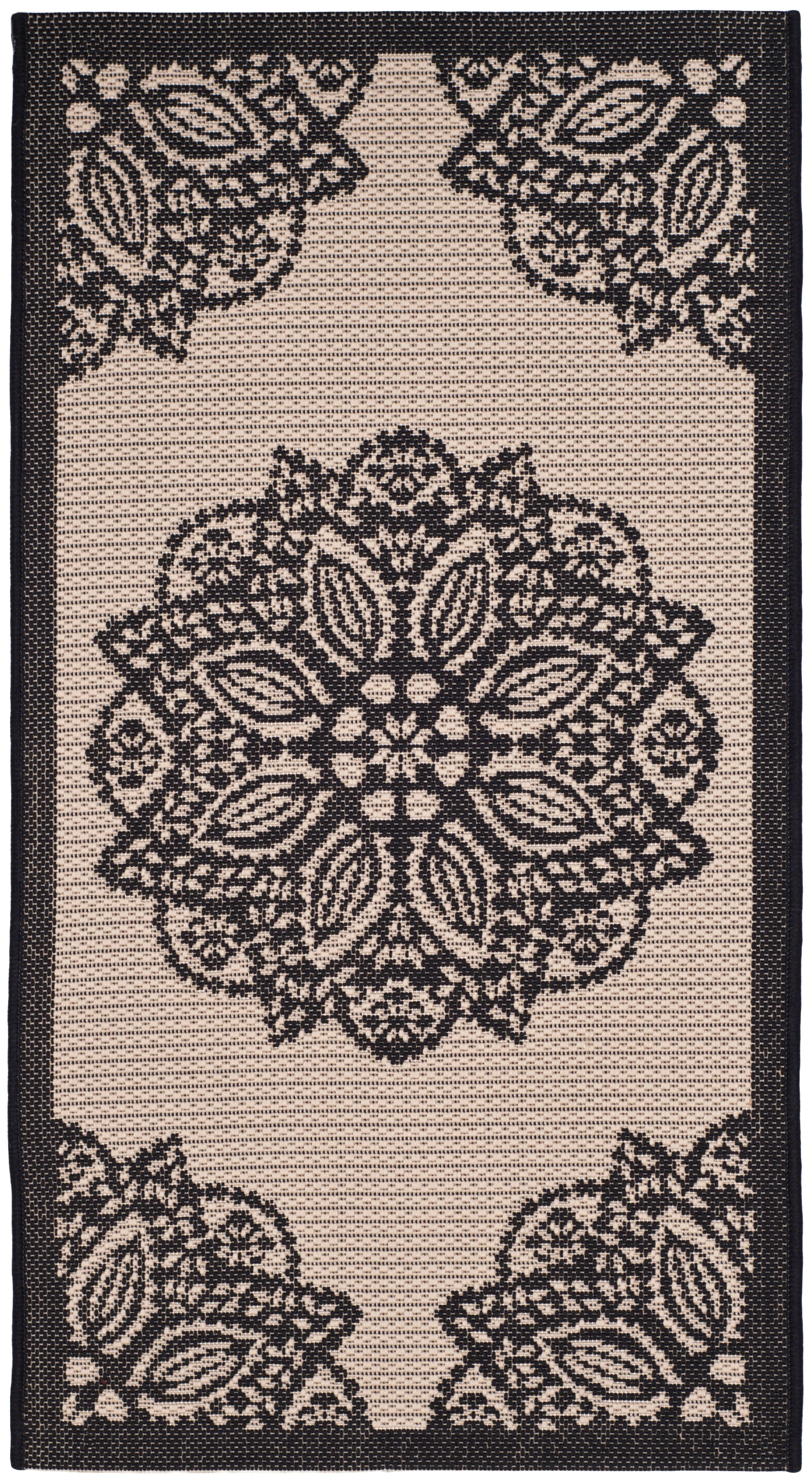 Beige and Black Synthetic Round Medallion Area Rug