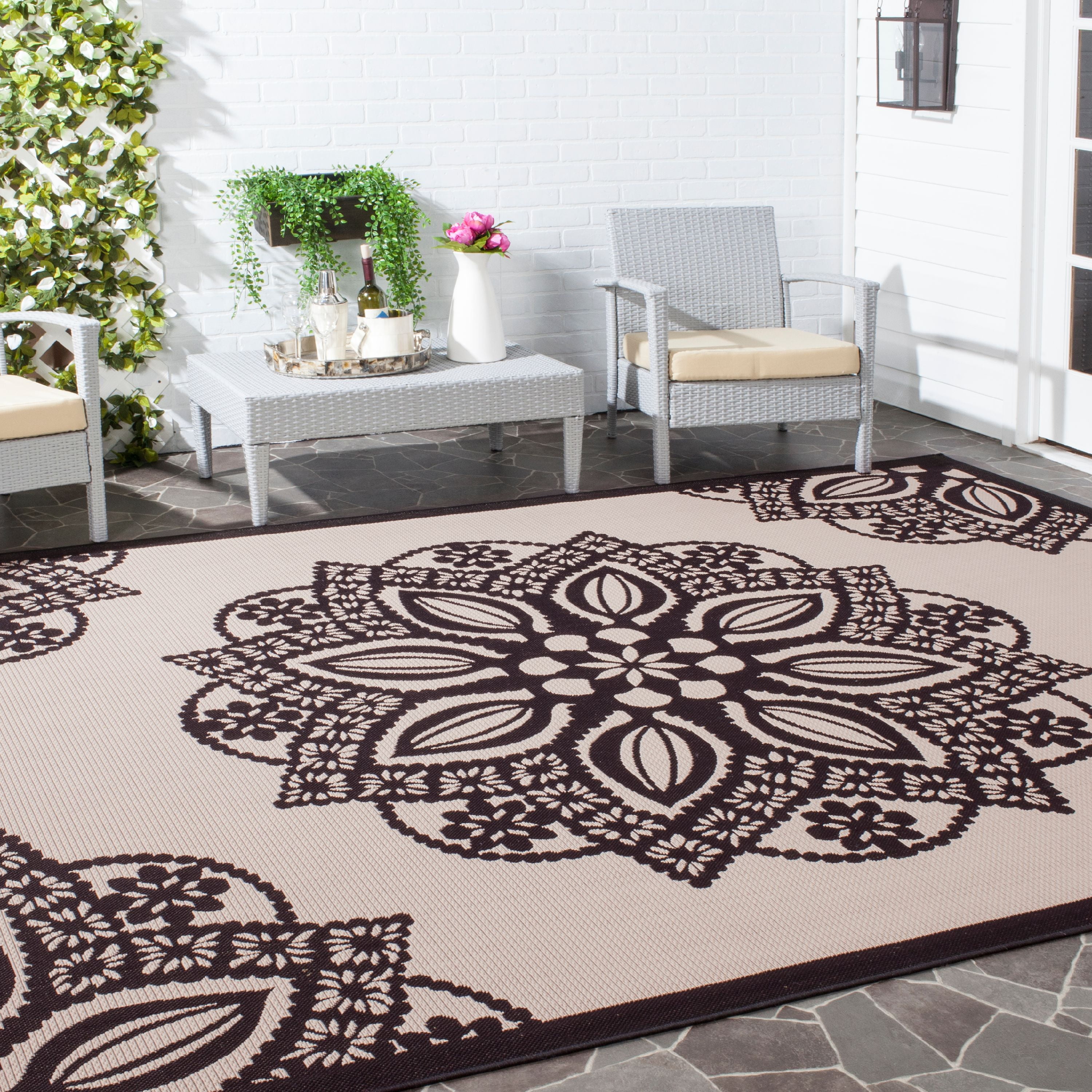 Beige and Black Easy-Care Synthetic Rectangular Rug