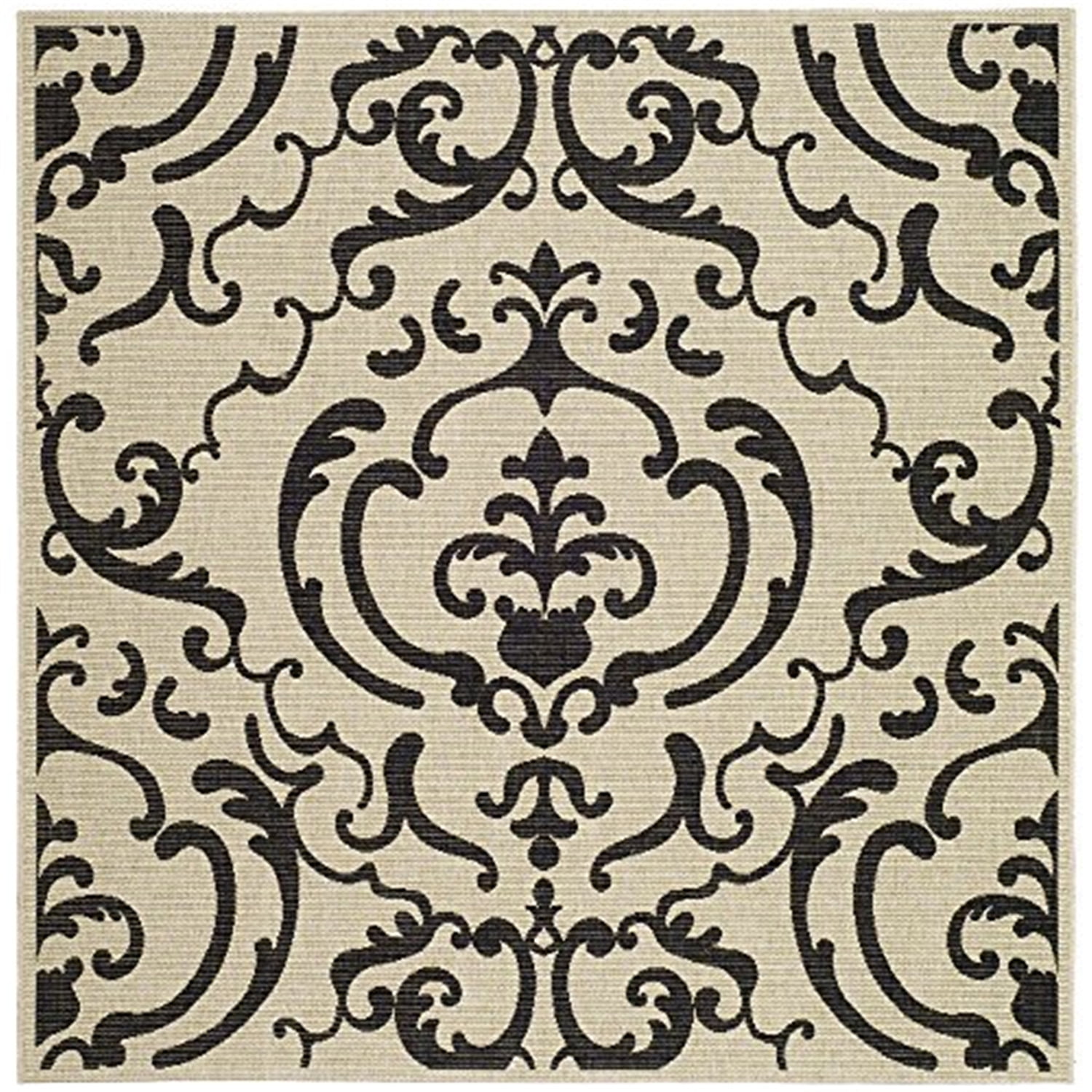 Sand and Black Floral Motif Square Indoor/Outdoor Rug